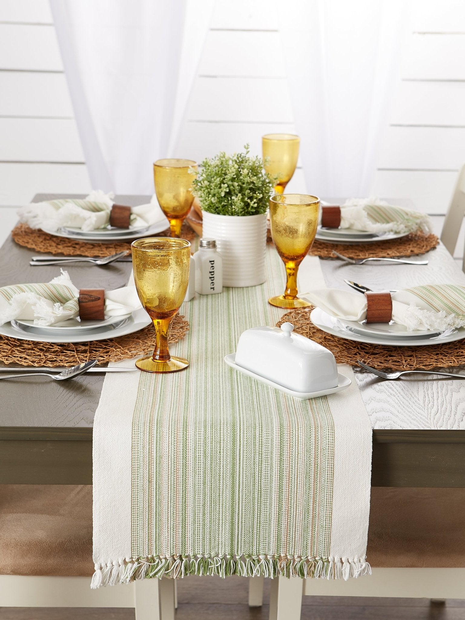 Thyme Striped Fringe Ribbed Table Runner 14X108 - Table Runners