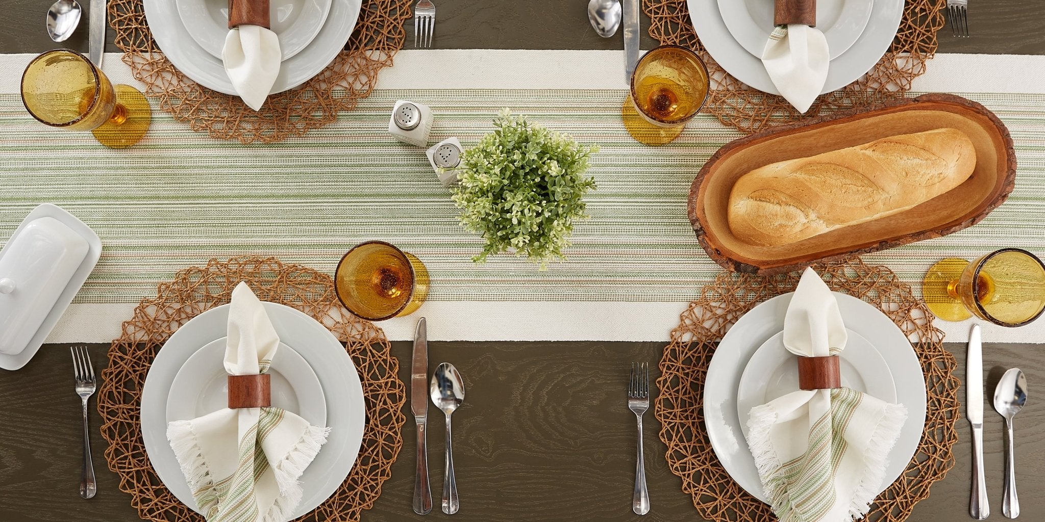 Thyme Striped Fringe Ribbed Table Runner 14X108 - Table Runners