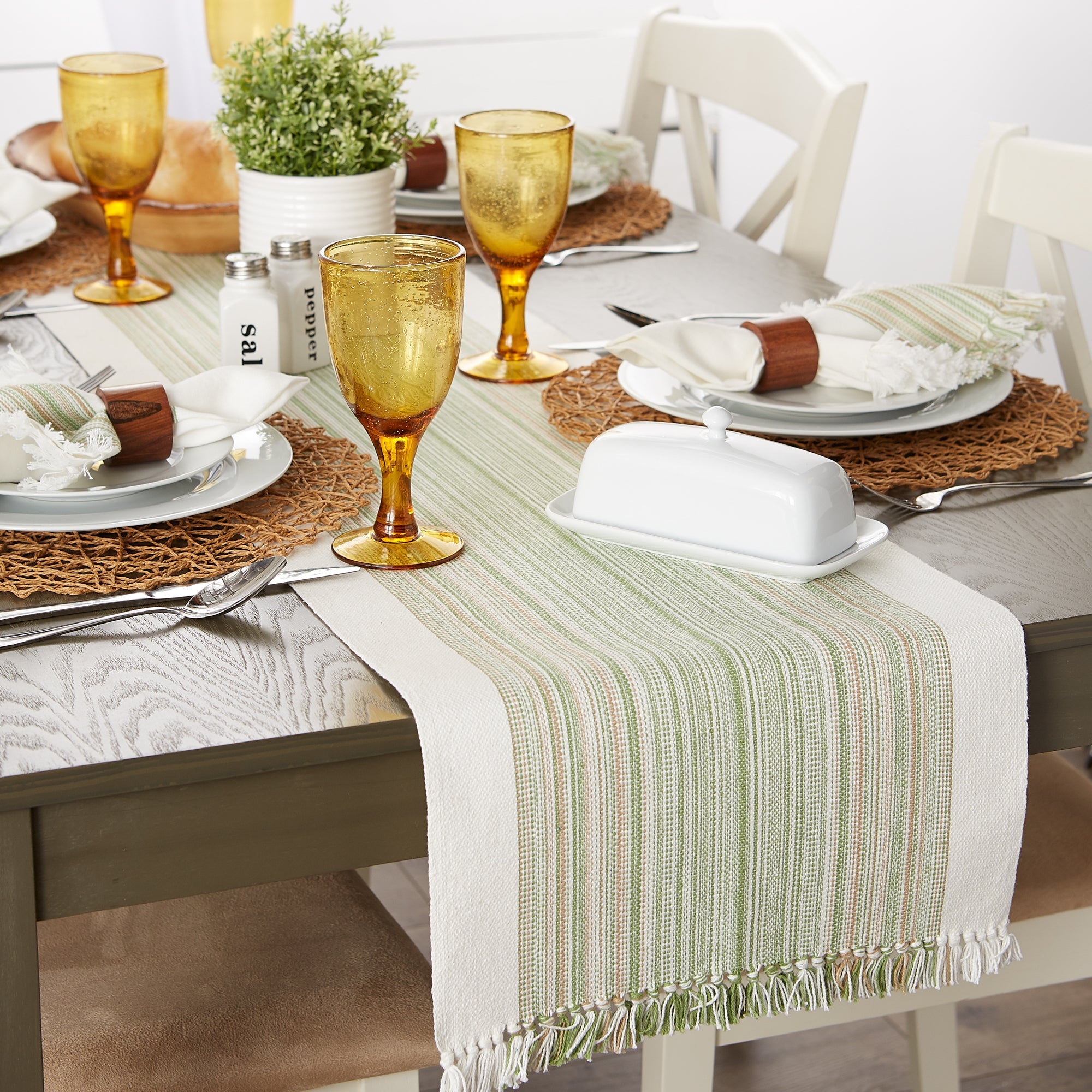 Thyme Striped Fringe Ribbed Table Runner 14X108 - Table Runners