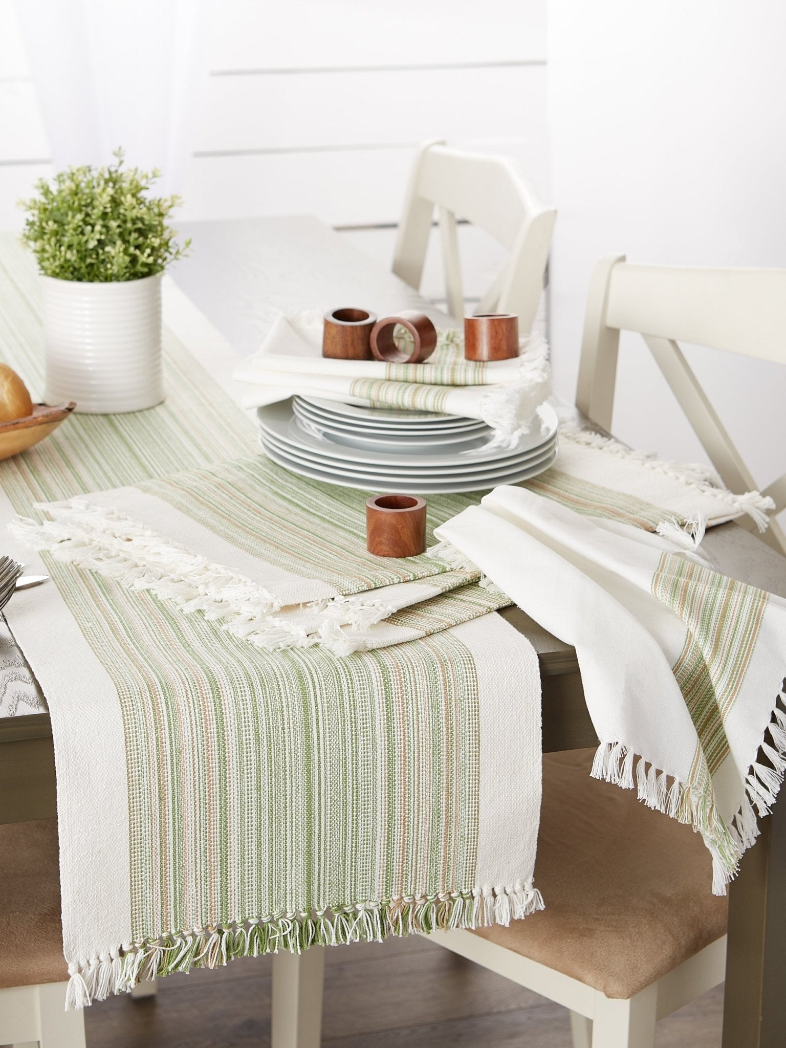 Thyme Striped Fringe Ribbed Table Runner 14X108 - Table Runners