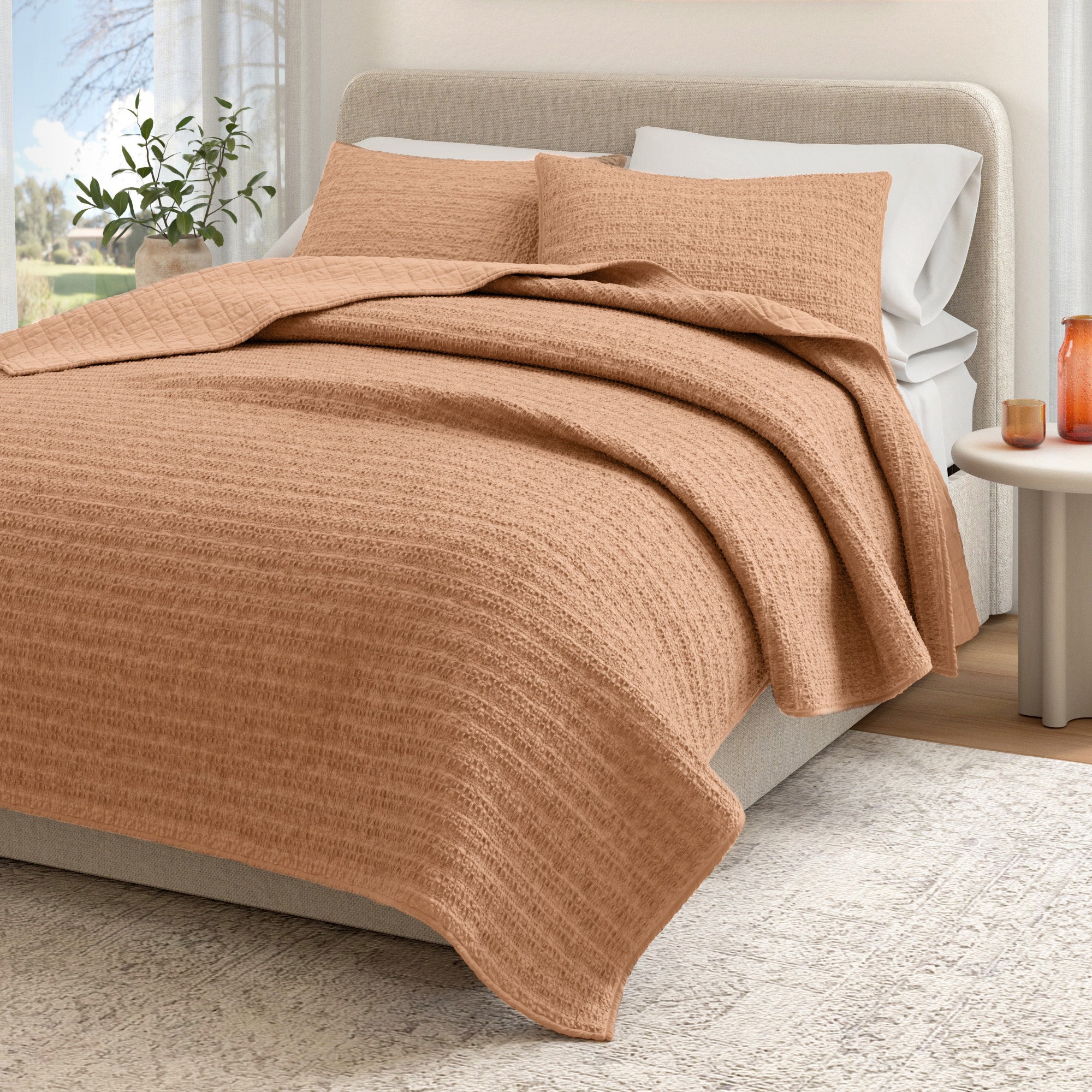 100% Cotton Garment Washed Honeycomb Waffle Quilt and Sham Set