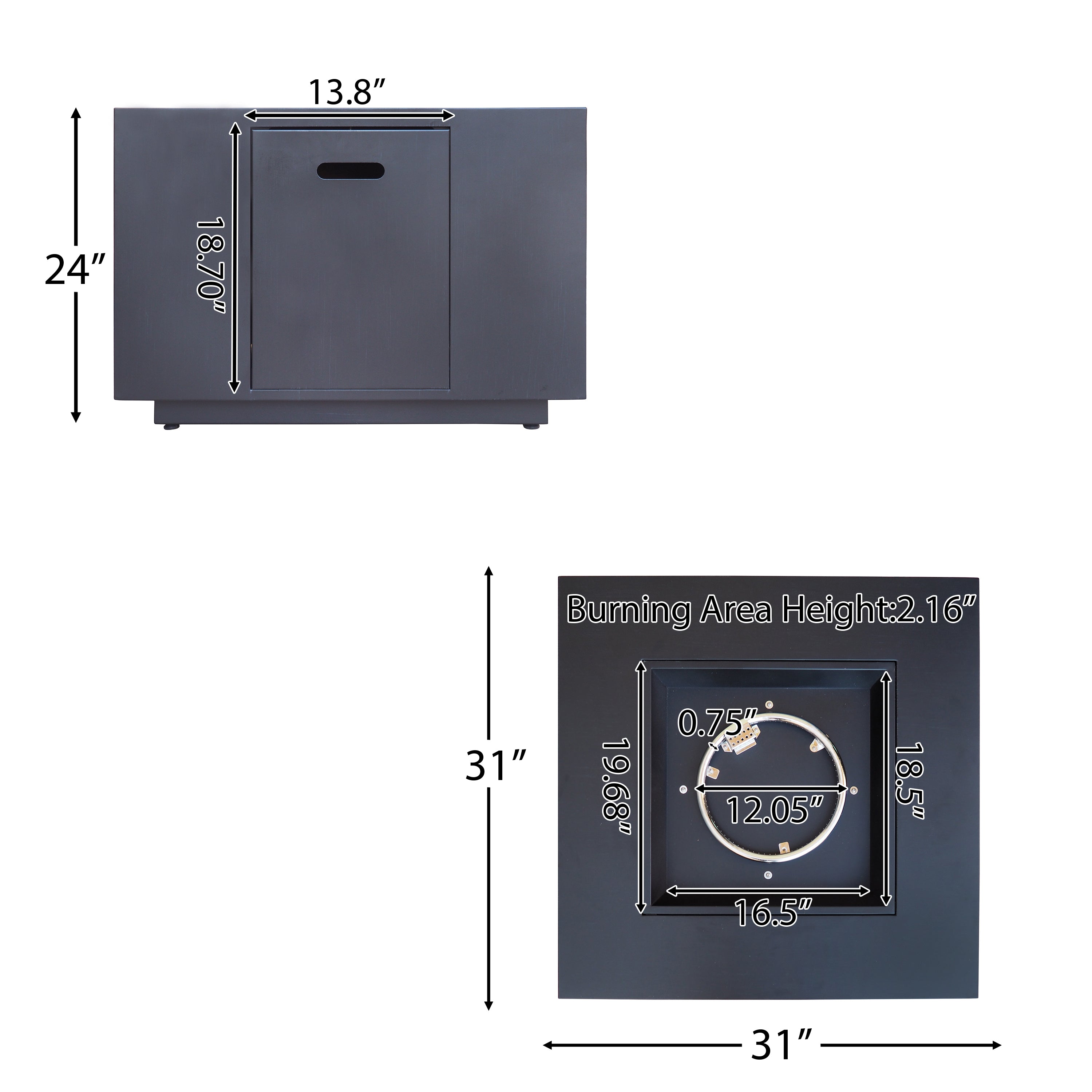 33" Outdoor Iron Square Propane Fire Pit, Tank Inside, 50,000 BTU