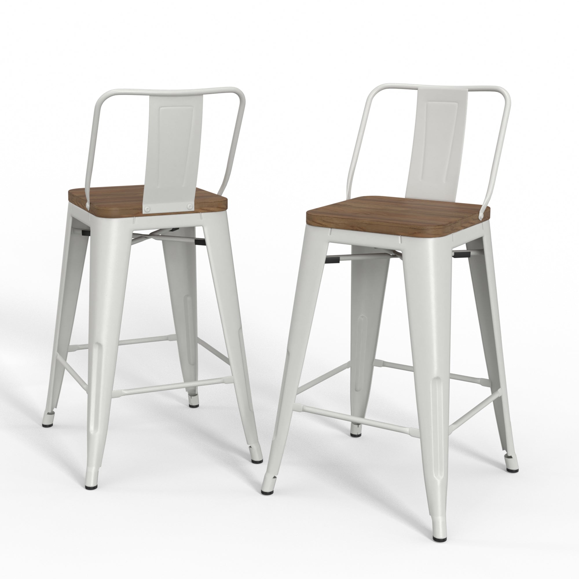 Boundless Metal/Wood Counter Stool with Curved Back, Cross Brace and Footrest, Set of 2