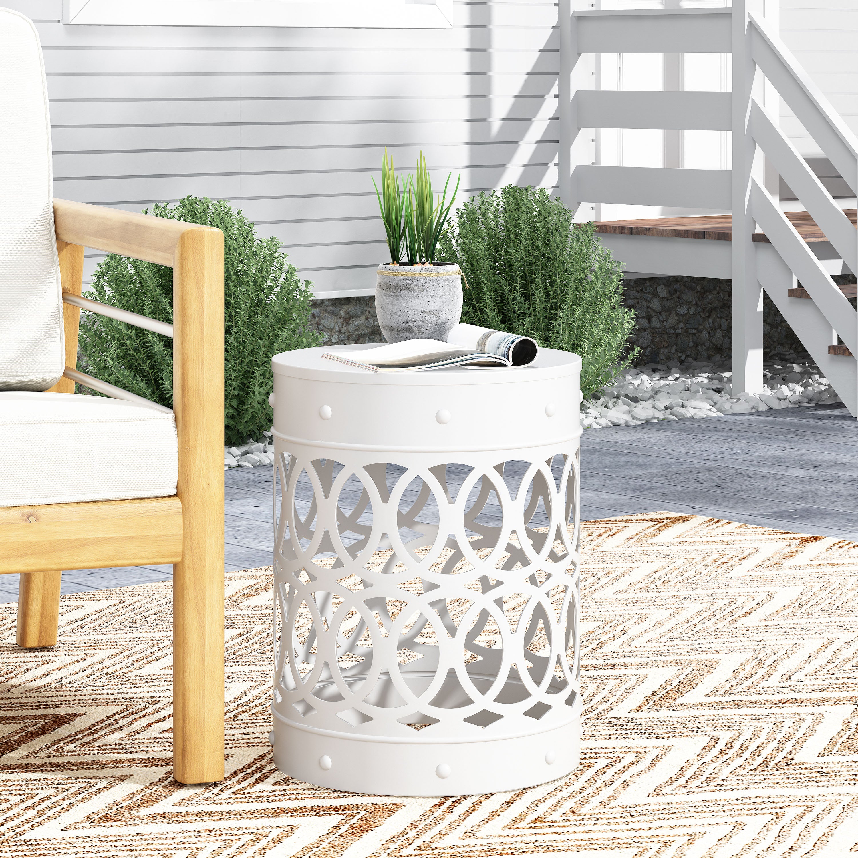 Symmetry White Outdoor Cylindrical End Table with Overlapping Circle Pattern