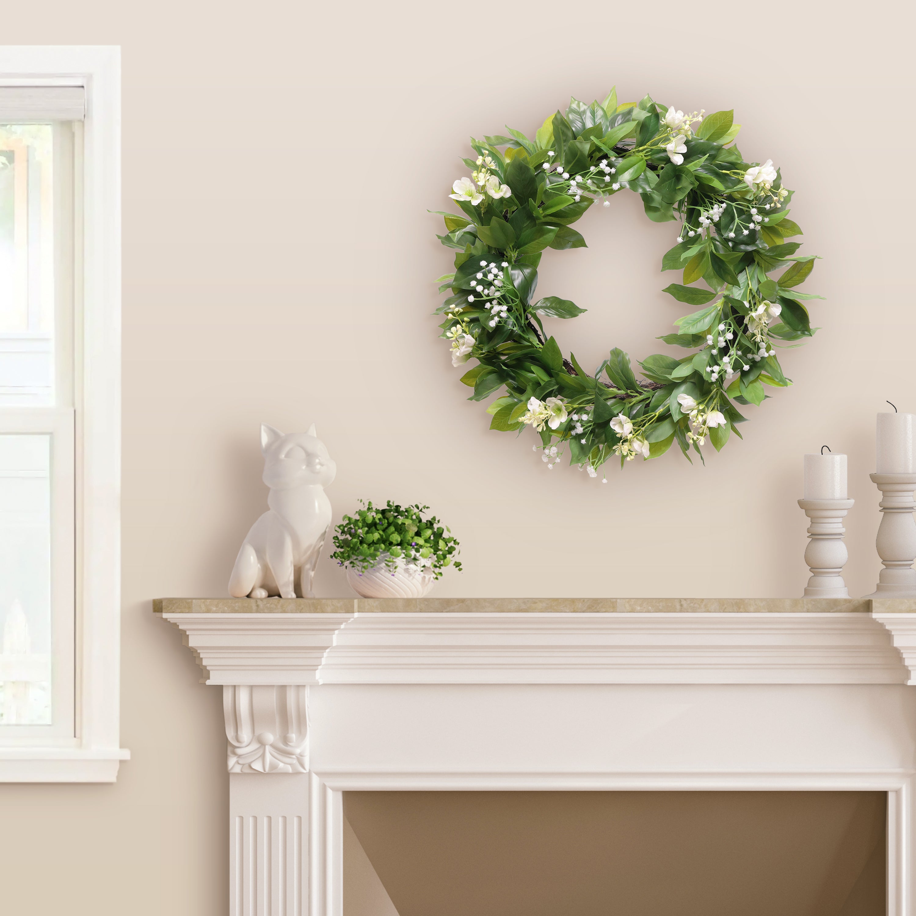 24" Artificial Gypsophila Dogwood Floral Banyan Leaves Spring Wreath
