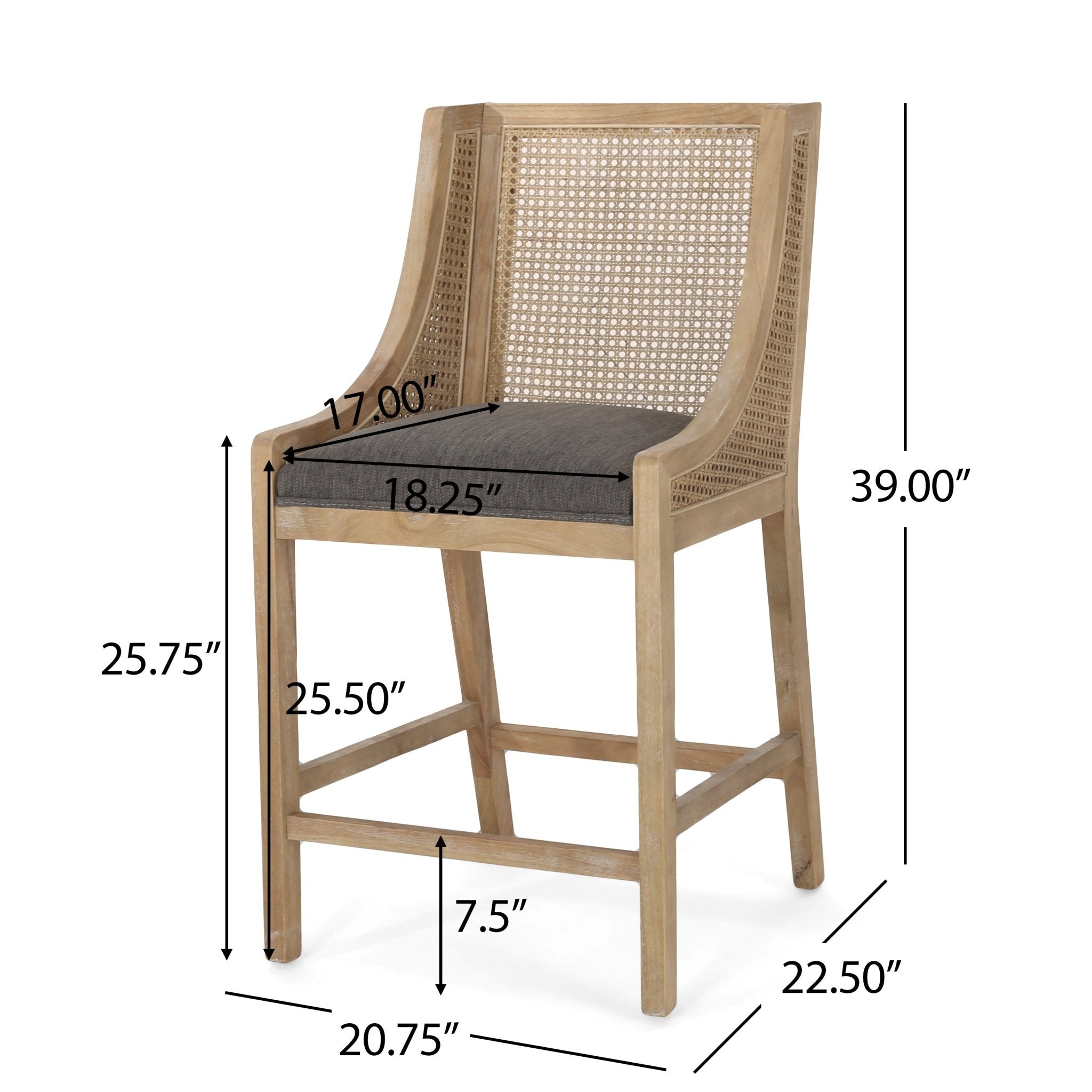 Upholstered Counter Stool with Cane Webbing Backrest, Set of 2 - Counter Stools