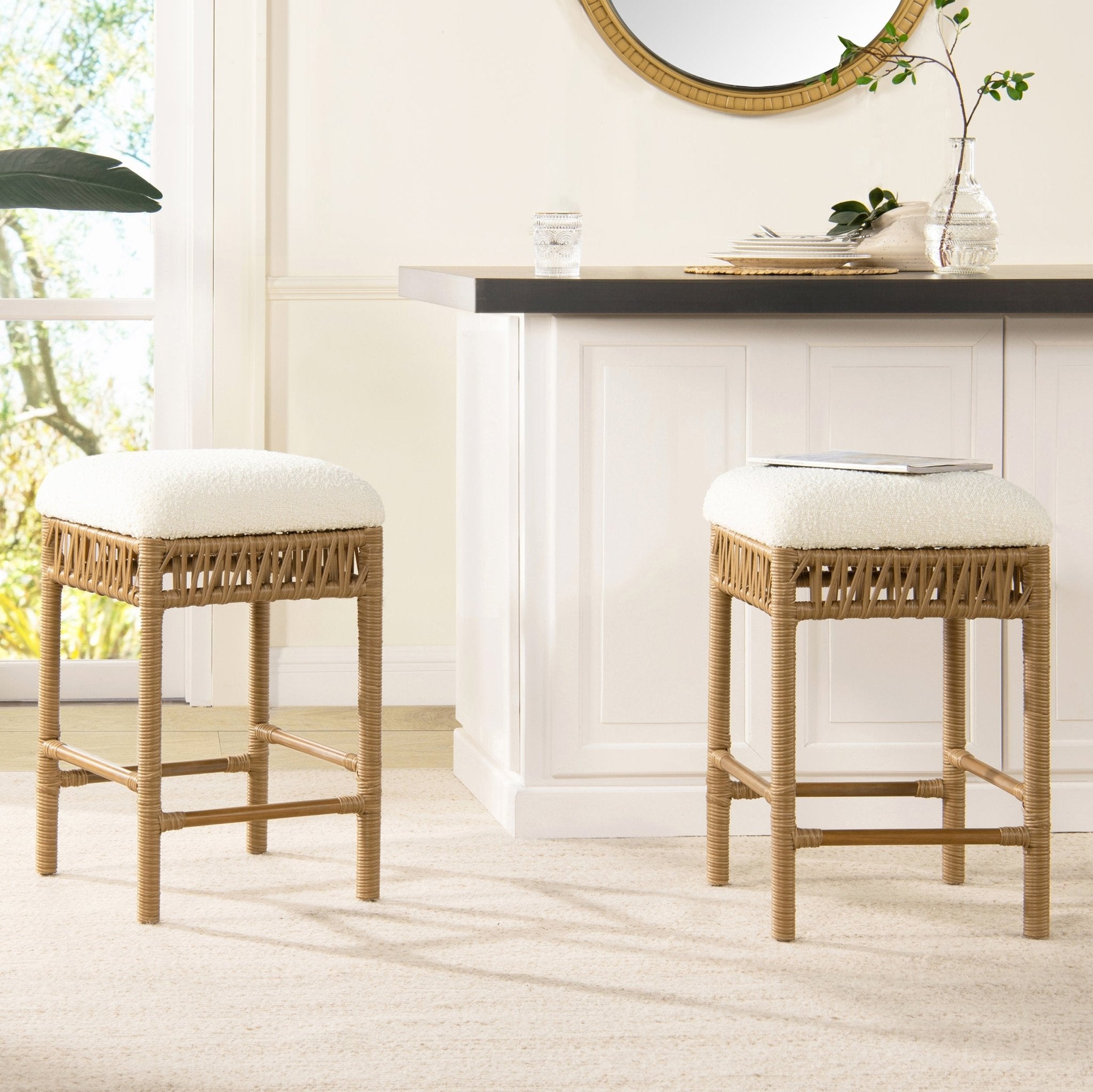 Upholstered Counter Stool with Resin Rattan Frame and Backless Design - Counter Stools