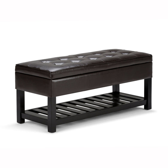 Upholstered Faux Leather Storage Ottoman with Tufted Top and Open Bottom Shelf - Ottomans