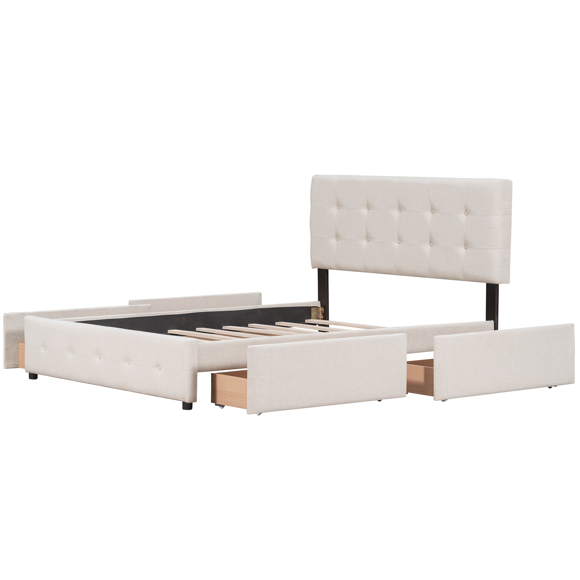 Upholstered Queen Platform Bed with Classic Headboard and 4 Drawers - Beds