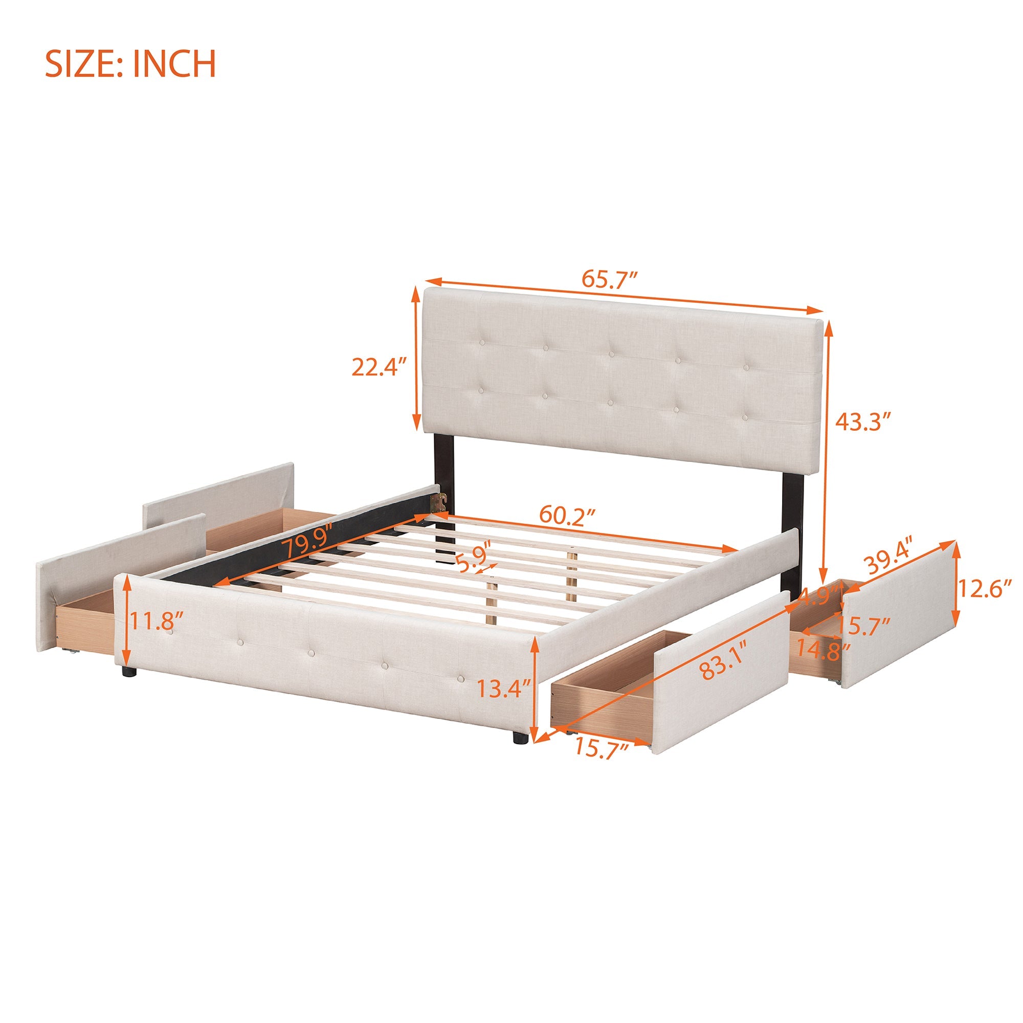 Upholstered Queen Platform Bed with Classic Headboard and 4 Drawers - Beds