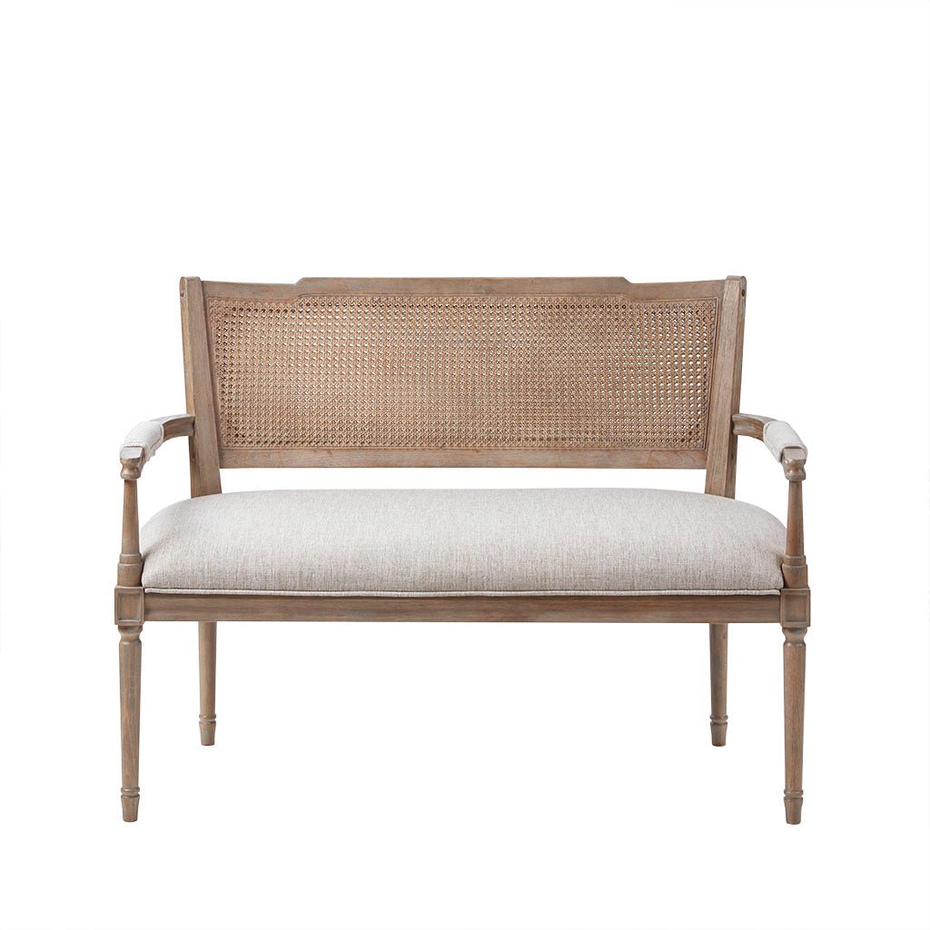 Upholstered Settee with Topped Pillow Arms and Rattan Inset Back - Benches