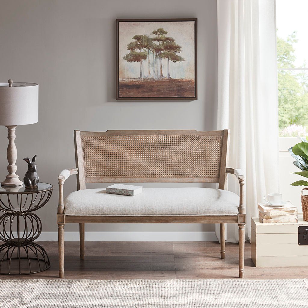 Upholstered Settee with Topped Pillow Arms and Rattan Inset Back - Benches