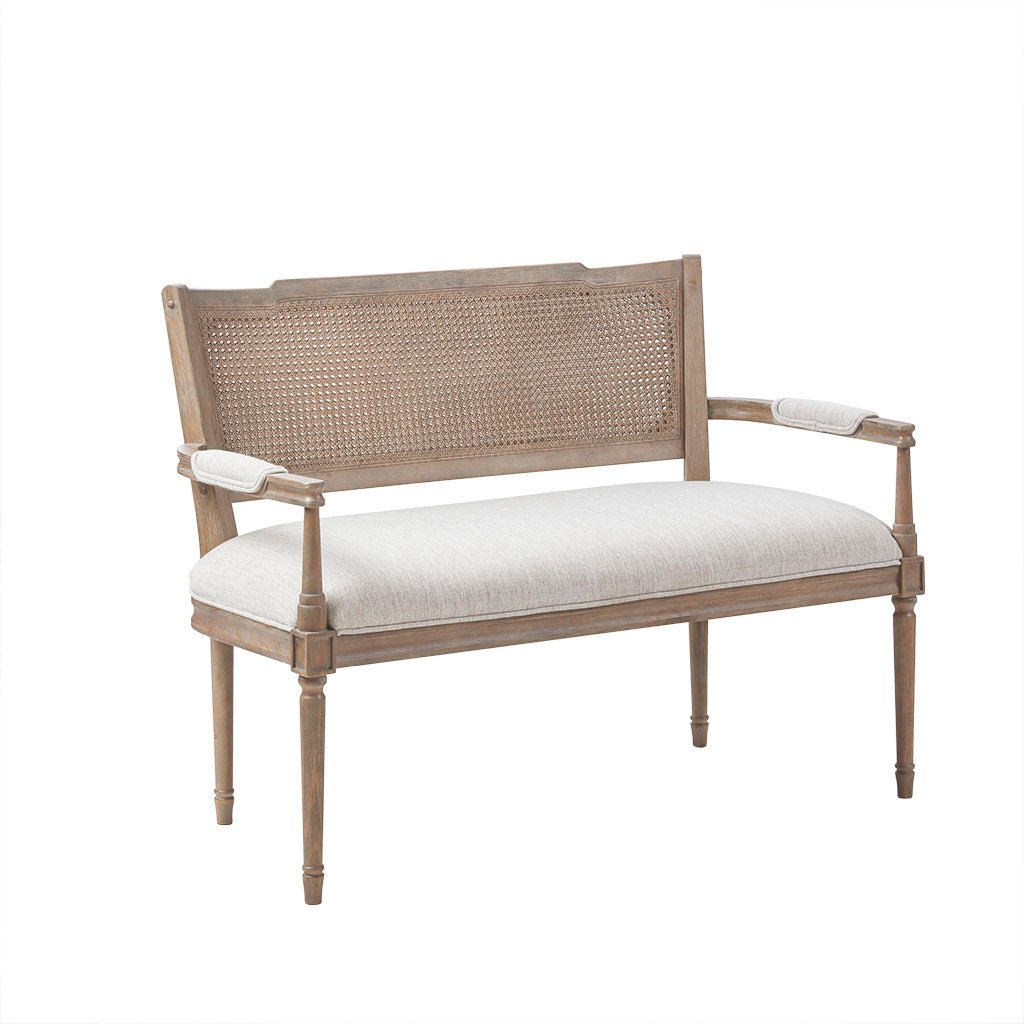 Upholstered Settee with Topped Pillow Arms and Rattan Inset Back - Benches