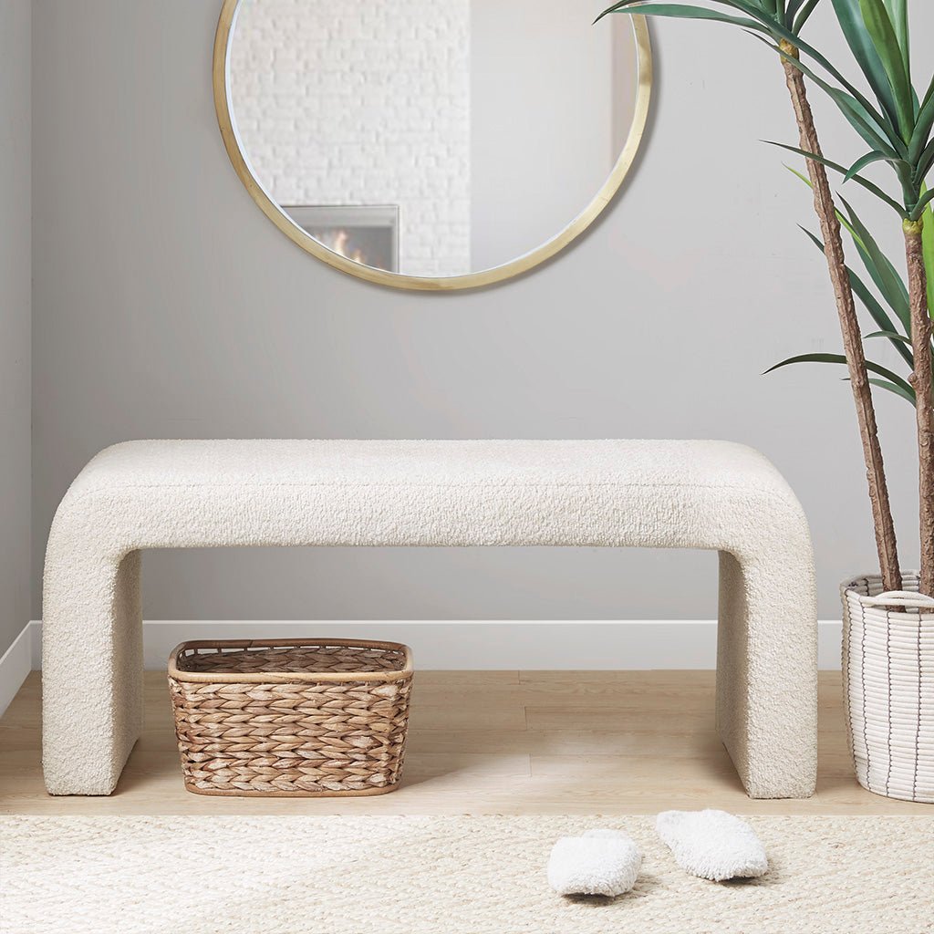 Upholstered Textured Boucle Fabric Waterfall Bench - Benches