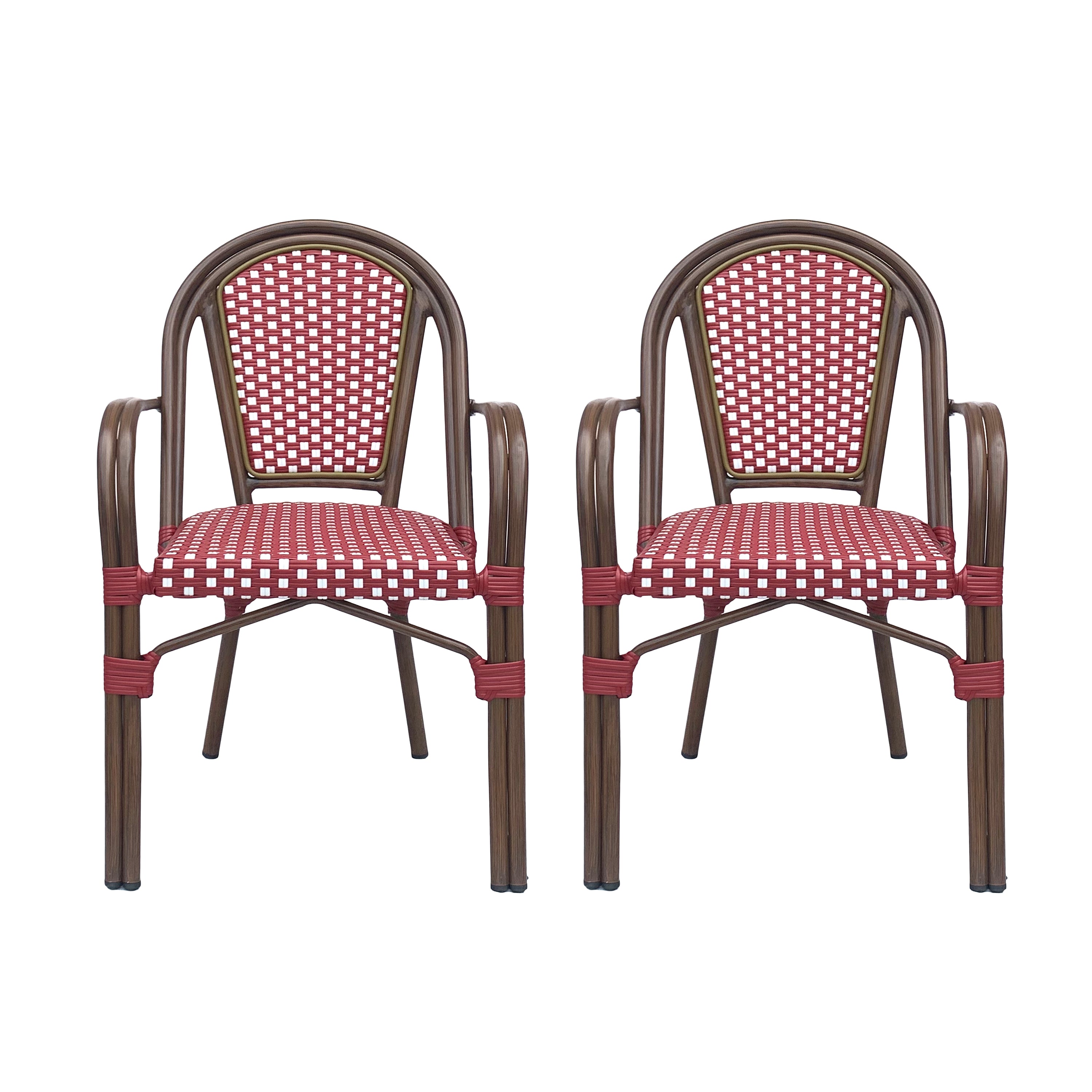 Crowned Wicker Bistro Chair with Checkered Pattern and Curved Arms, Set of 2