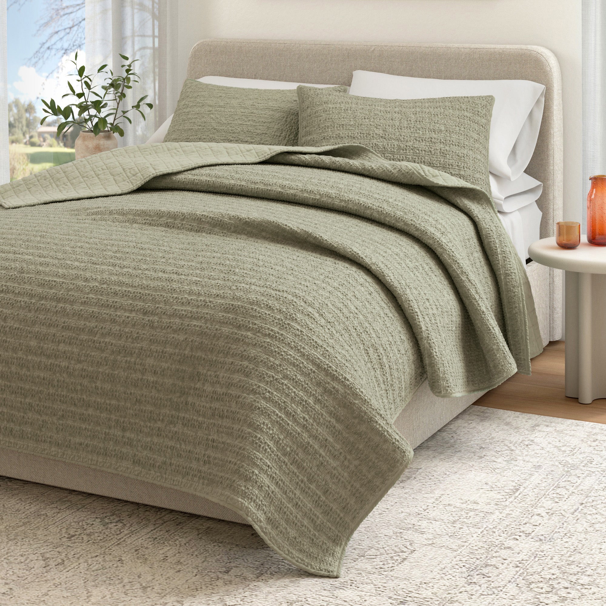 100% Cotton Garment Washed Honeycomb Waffle Quilt and Sham Set