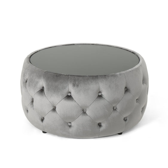 Velvet Upholstered Ottoman with Button Tufted and Tempered Glass Top - Ottomans