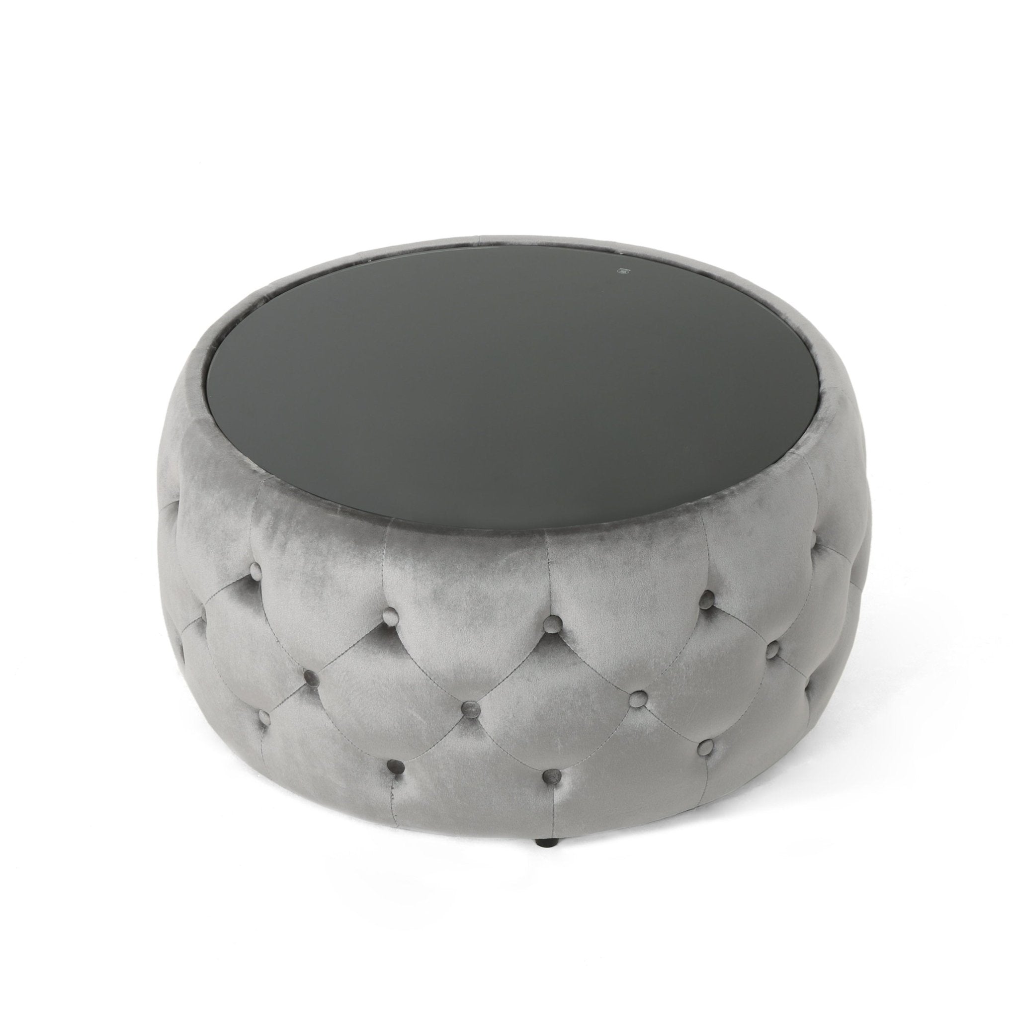 Velvet Upholstered Ottoman with Button Tufted and Tempered Glass Top - Ottomans