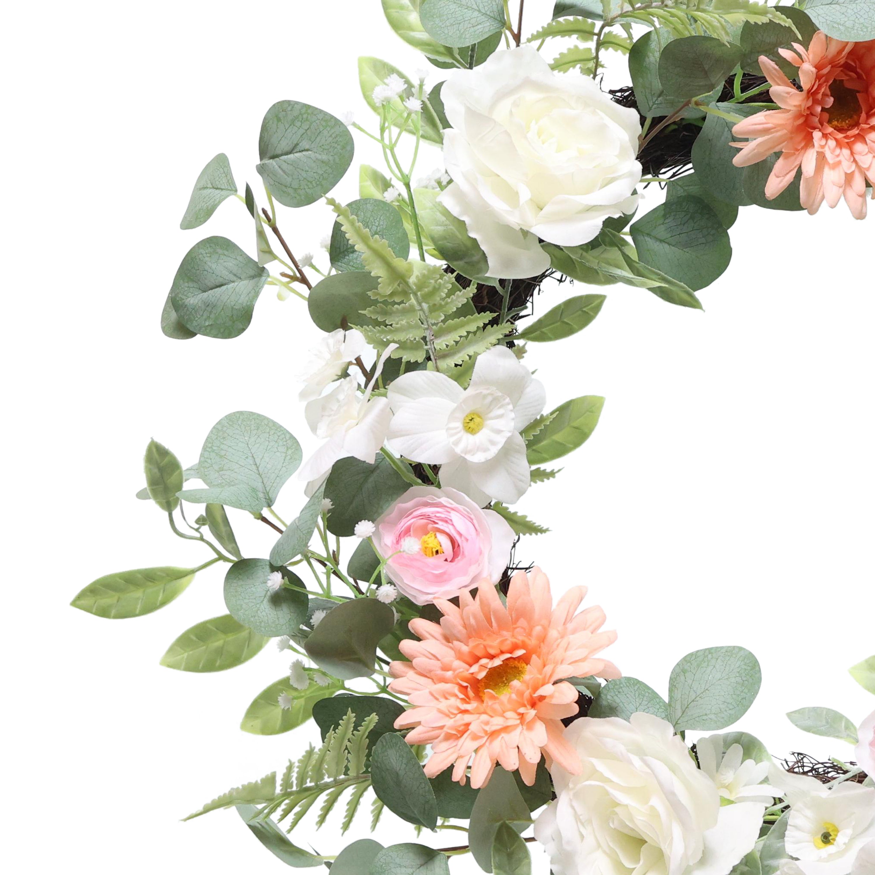 24" Artificial Chrysanthethemum Rose & Ranunculus Floral Spring Wreath