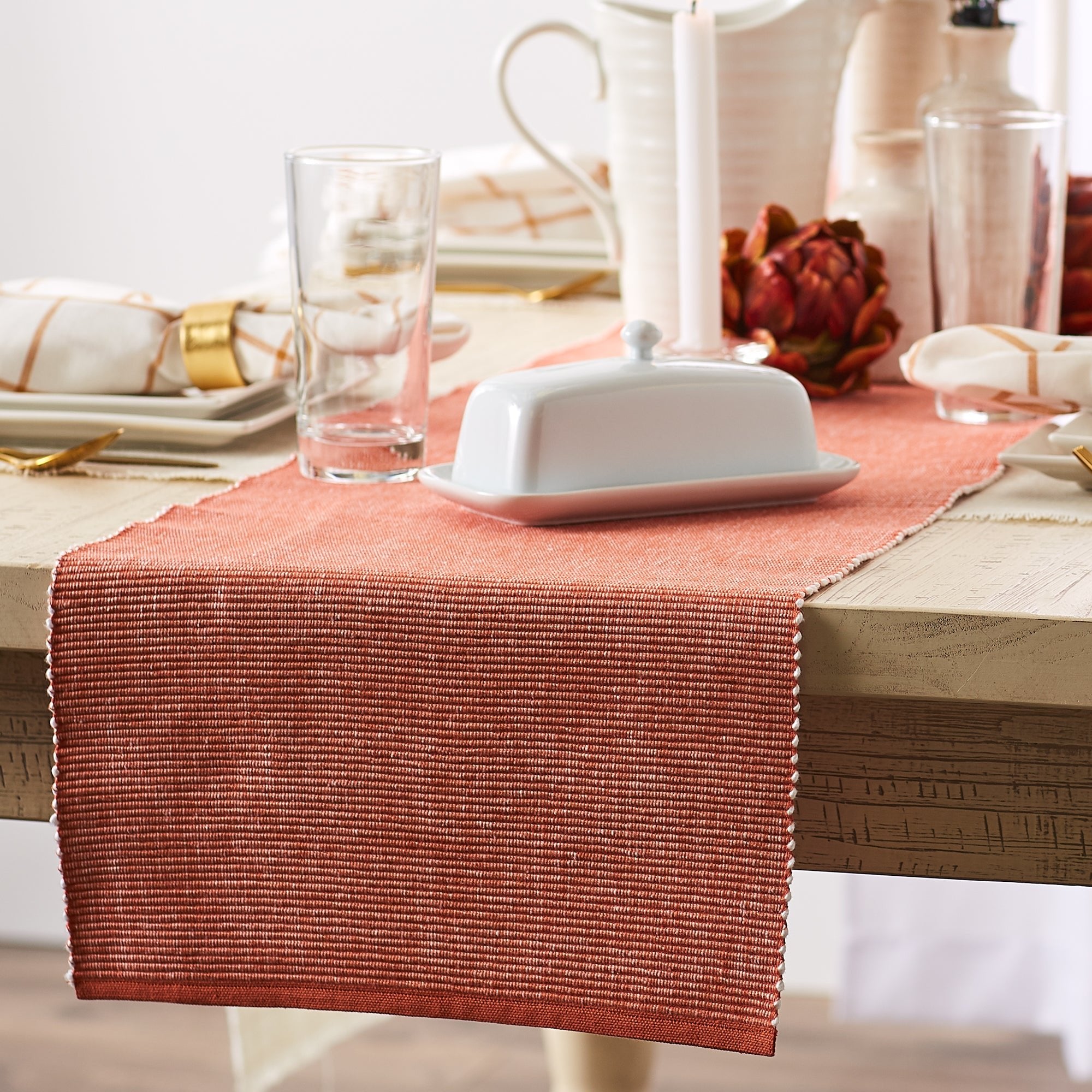 Vintage Red & White 2 - Tone Ribbed Table Runner 13X108 - Table Runners