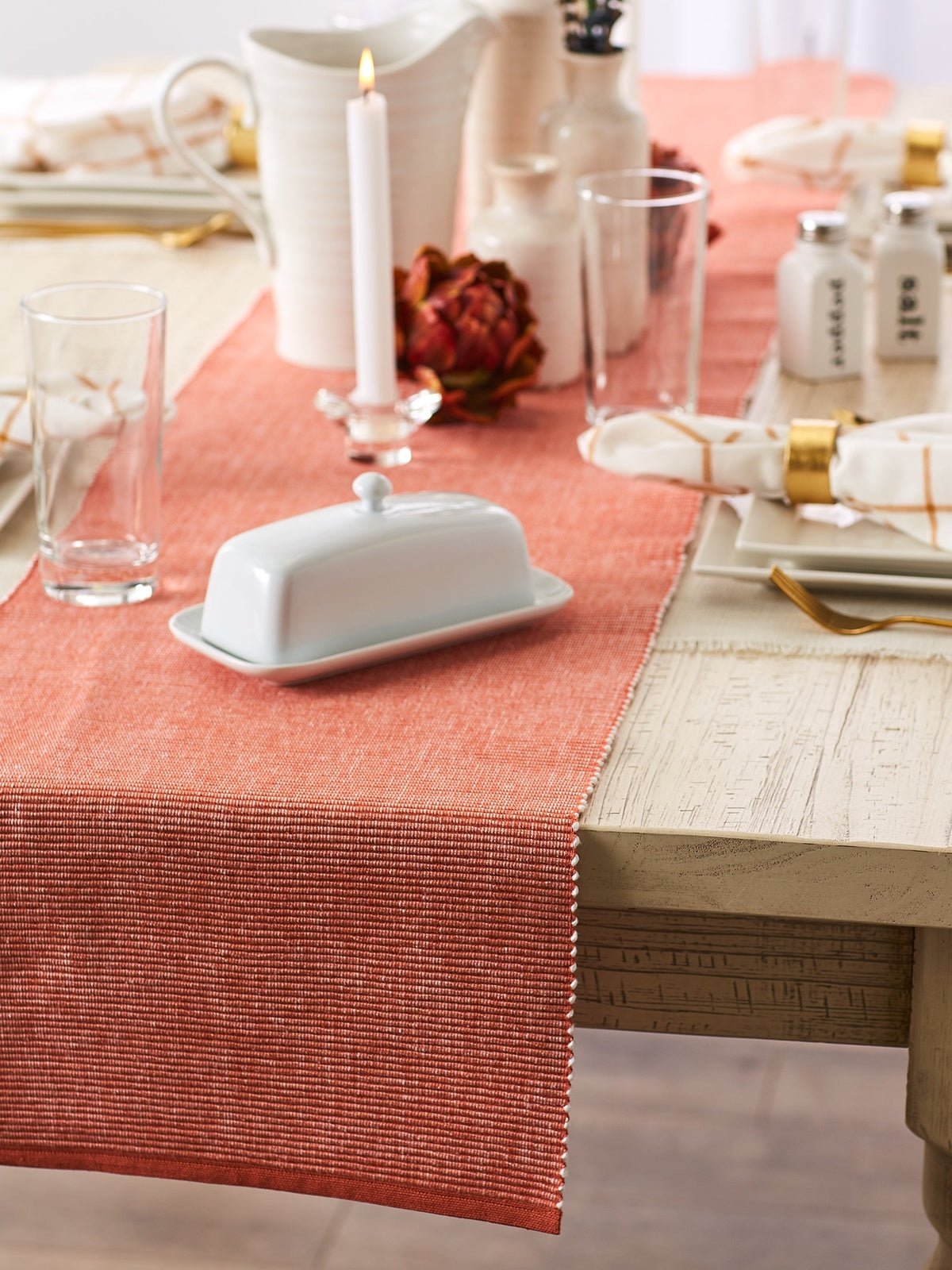 Vintage Red & White 2 - Tone Ribbed Table Runner 13X108 - Table Runners