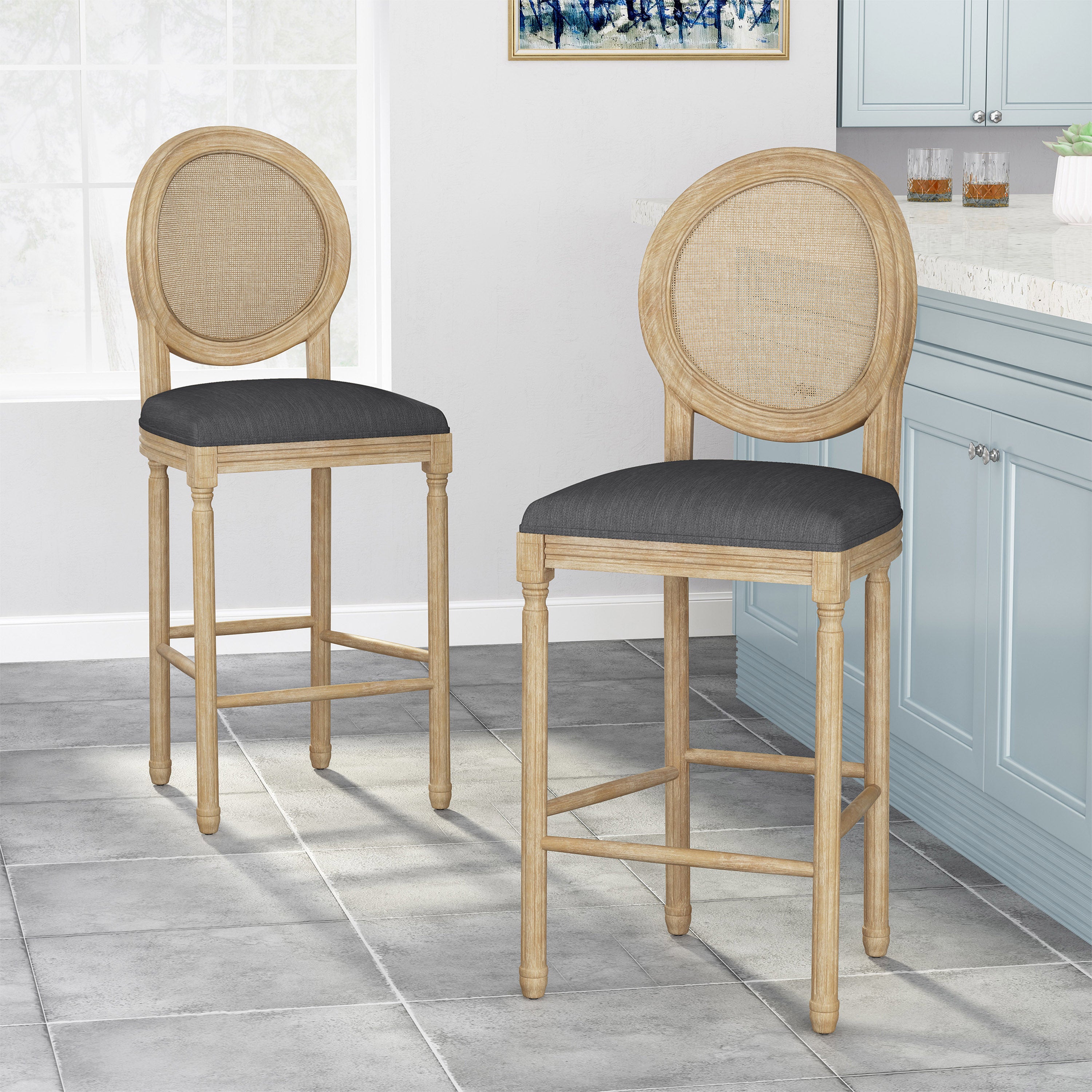 French Country Cane Bar Stool, Set of 2