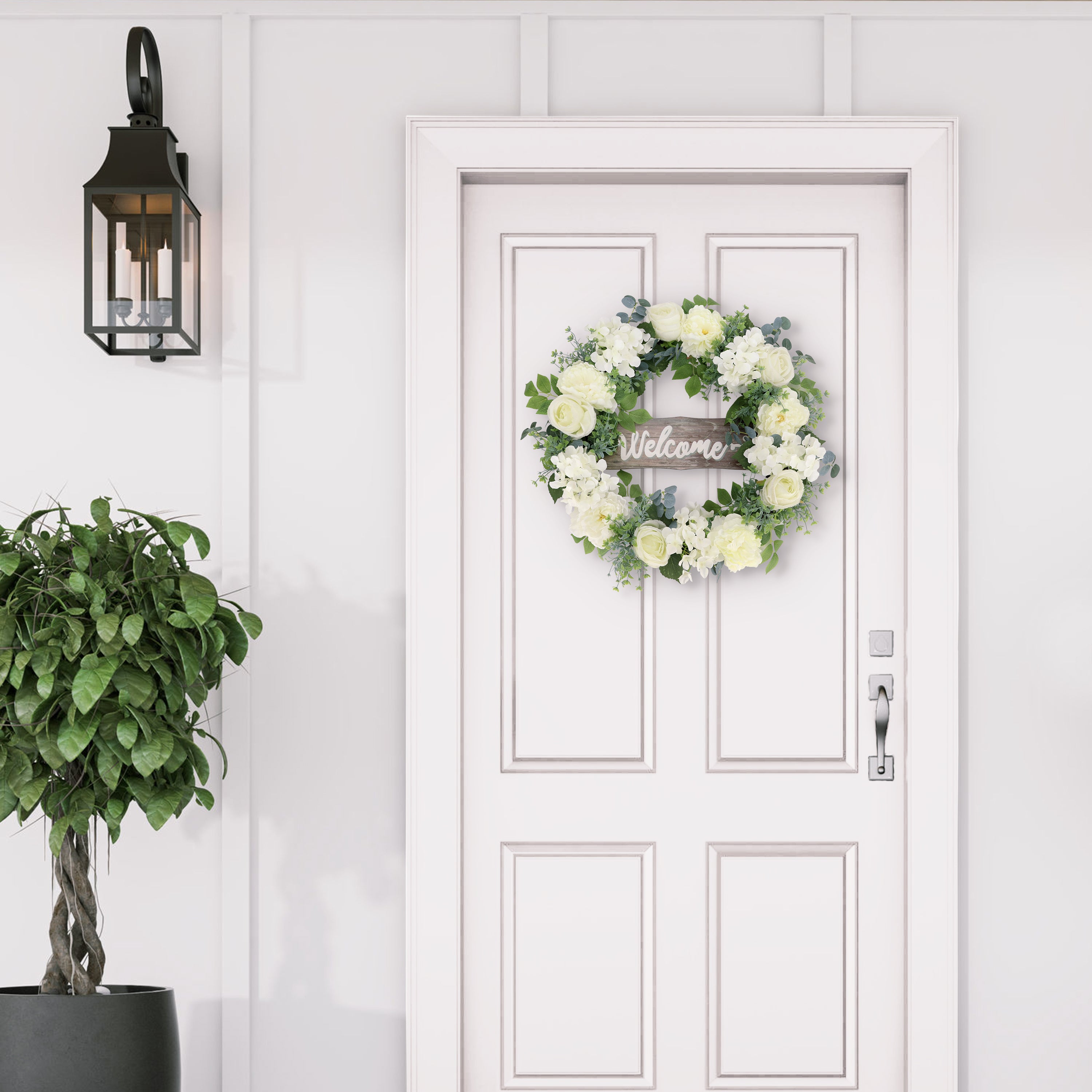 26" Artificial Peony Hydrangea & Rose Floral Spring Wreath with Wood Welcome Sign