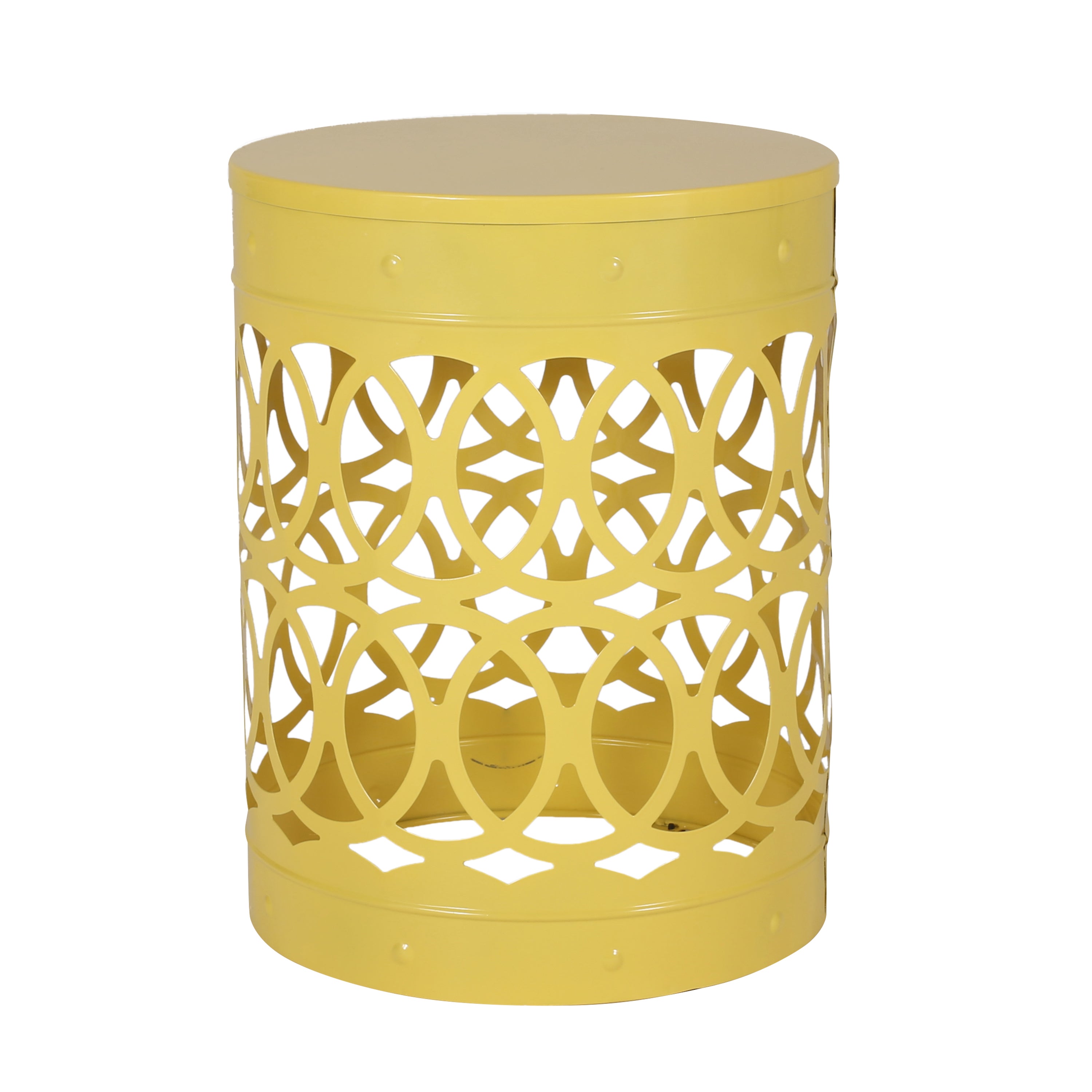 Symmetry Yellow Outdoor Cylindrical End Table with Overlapping Circle Pattern