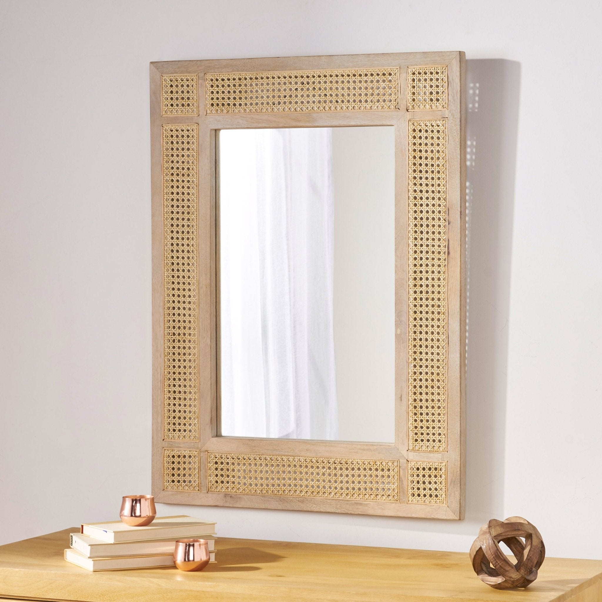 Wall Mirror with Mango Wood Frame and Wicker Border - Mirrors