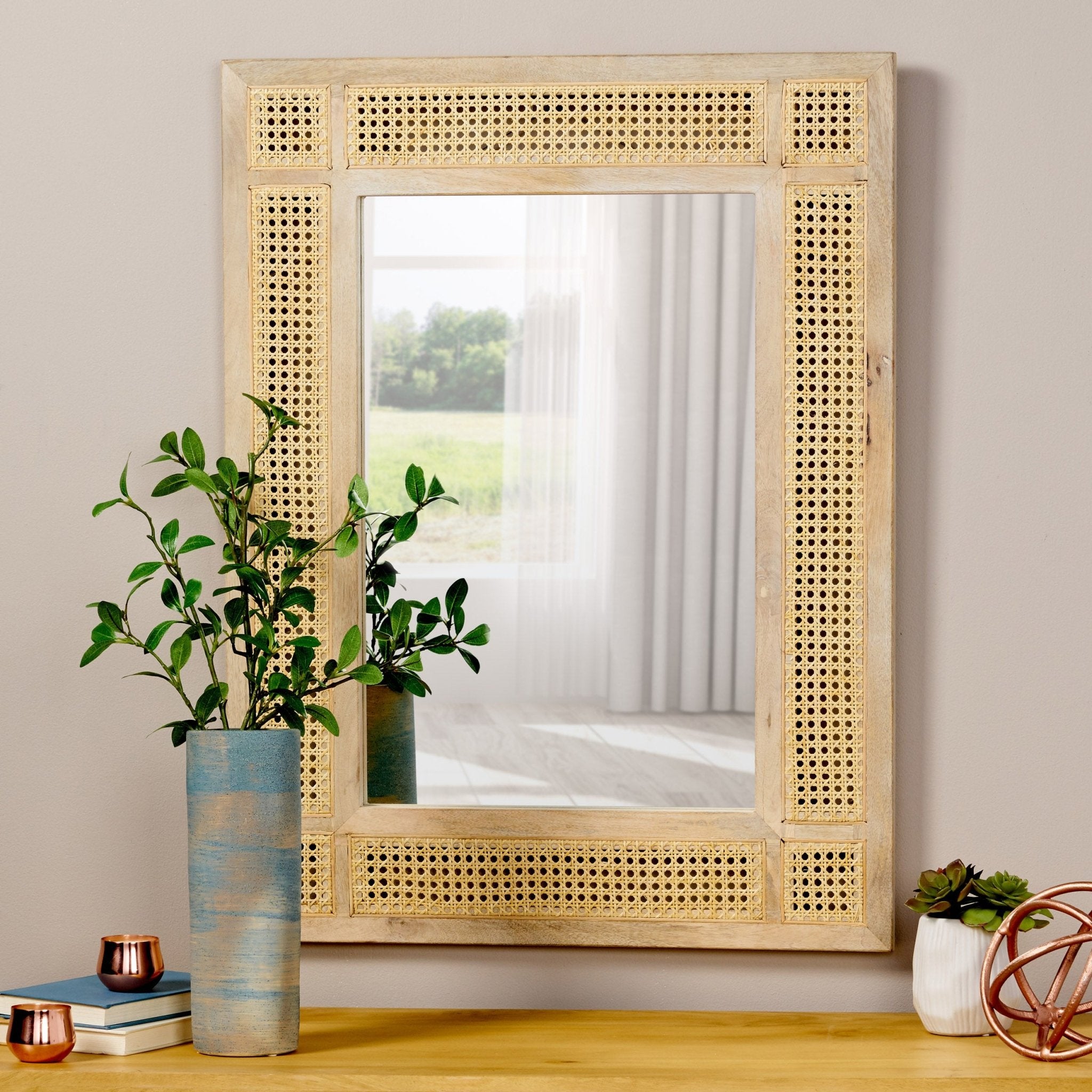 Wall Mirror with Mango Wood Frame and Wicker Border - Mirrors