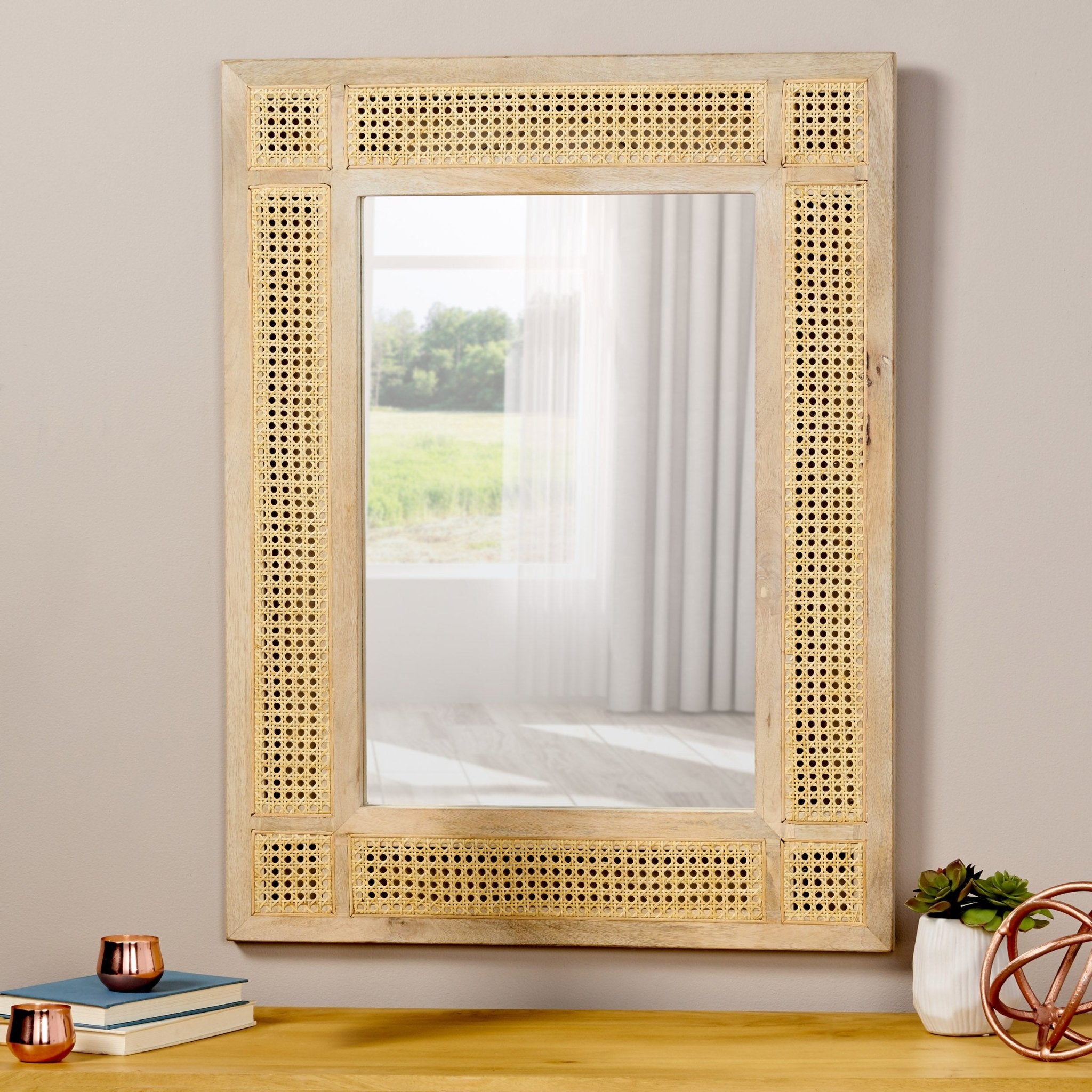 Wall Mirror with Mango Wood Frame and Wicker Border - Mirrors