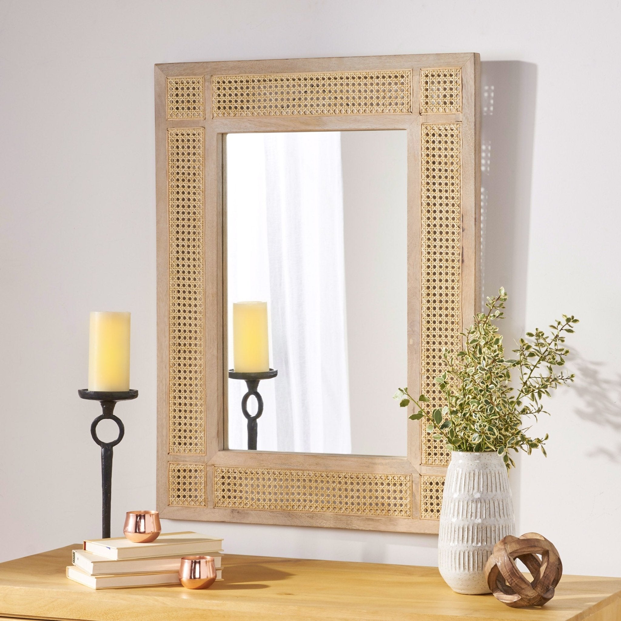 Wall Mirror with Mango Wood Frame and Wicker Border - Mirrors