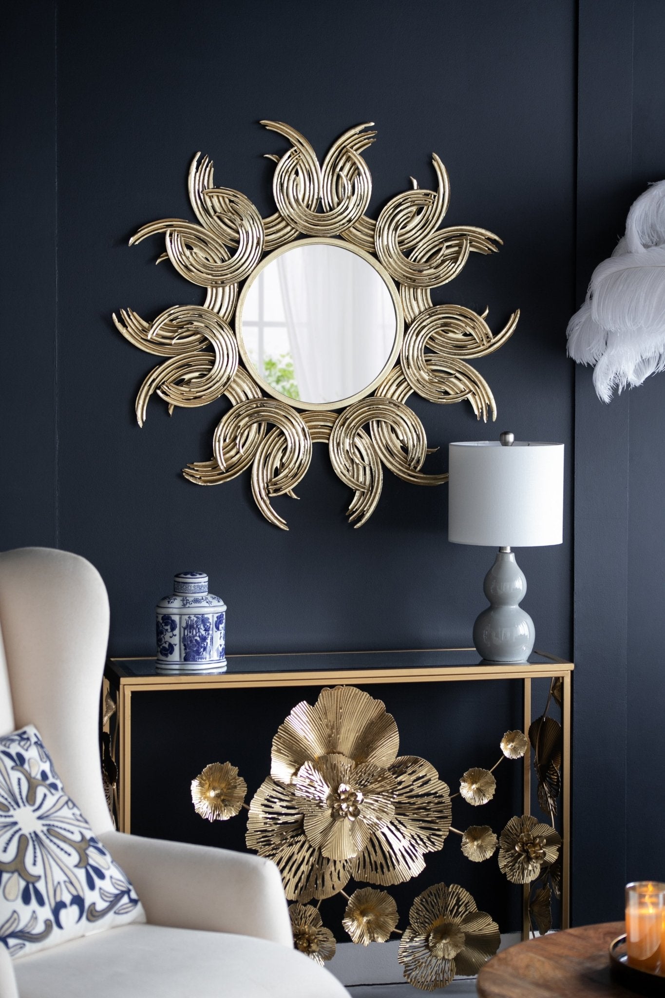 Wall Mirror with Sunburst Design and Metal Frame - Mirrors
