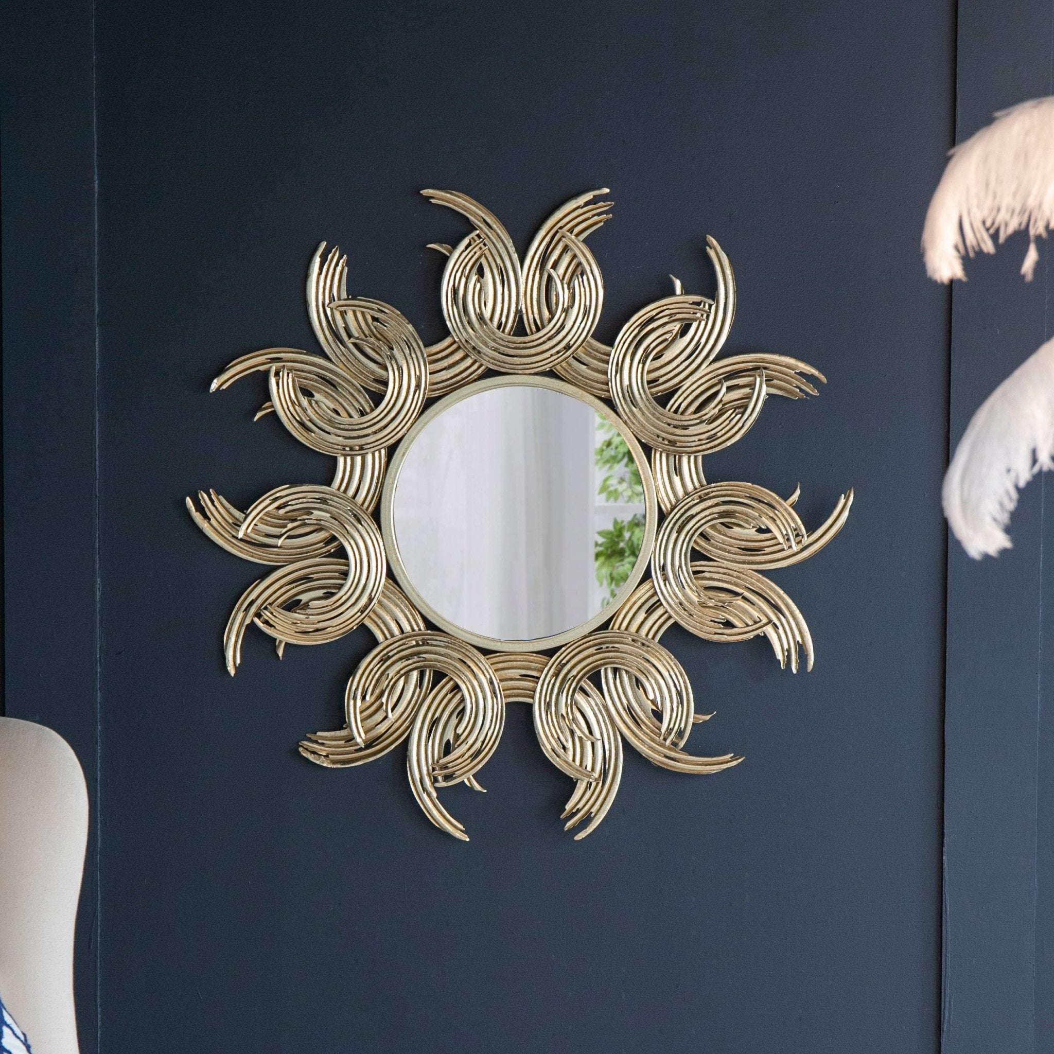 Wall Mirror with Sunburst Design and Metal Frame - Mirrors