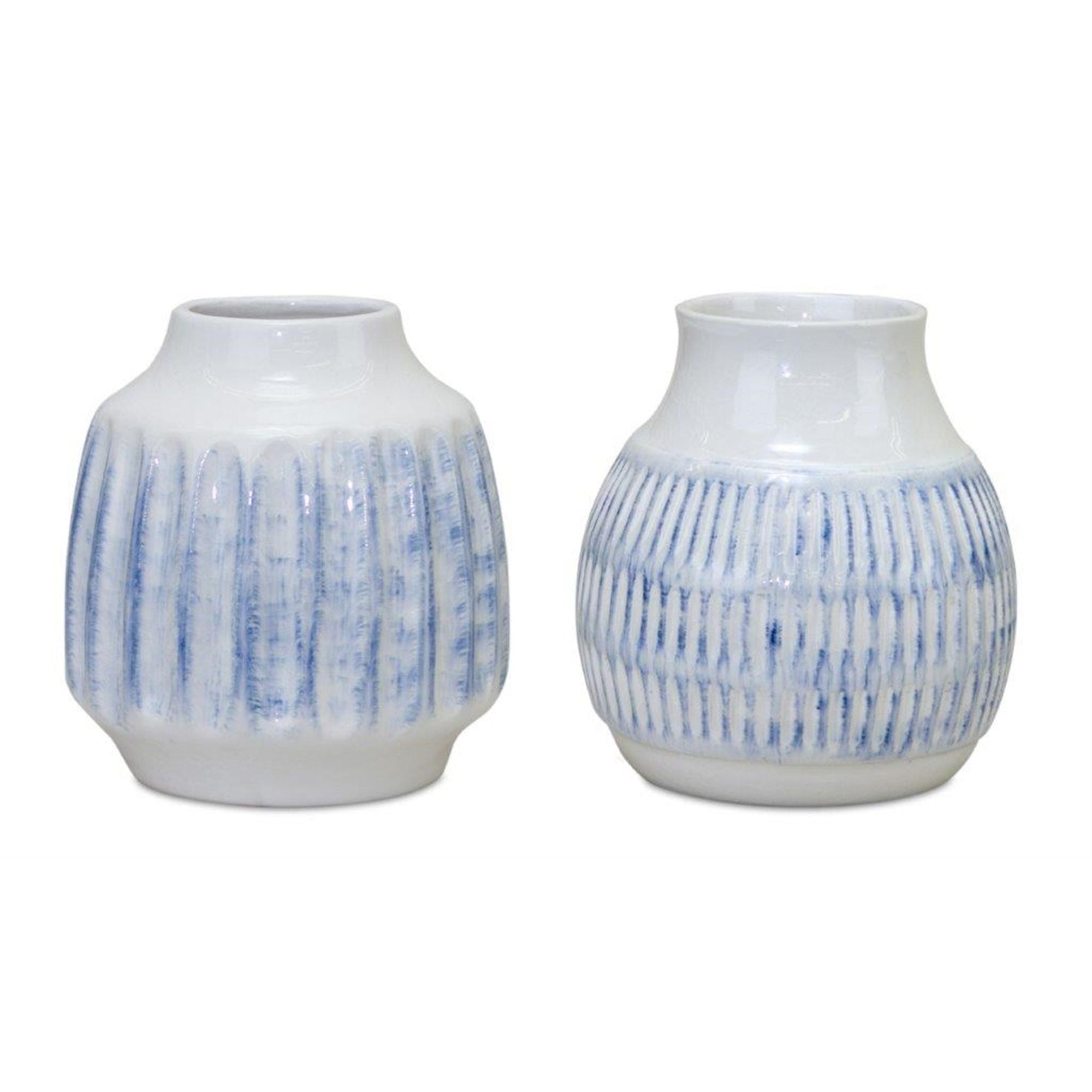 Ribbed Ceramic Vase with Washed Blue Finish, Set of 2