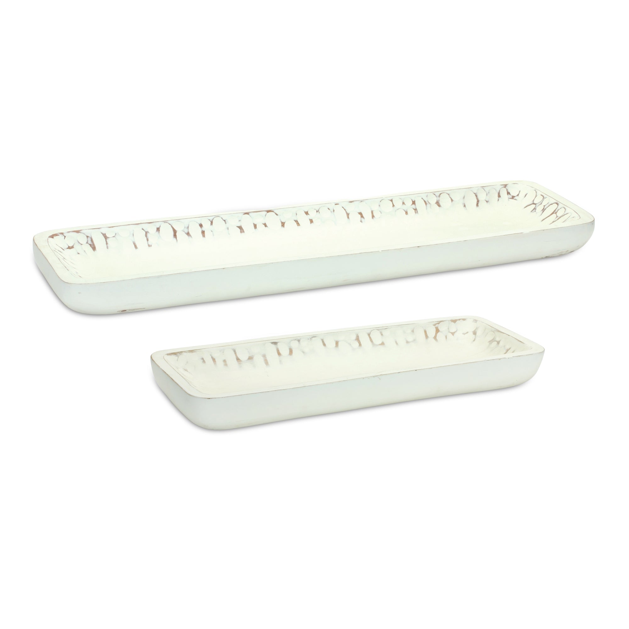White Washed Mango Wood Dough Bowl Tray, Set of 2 - Decorative Trays