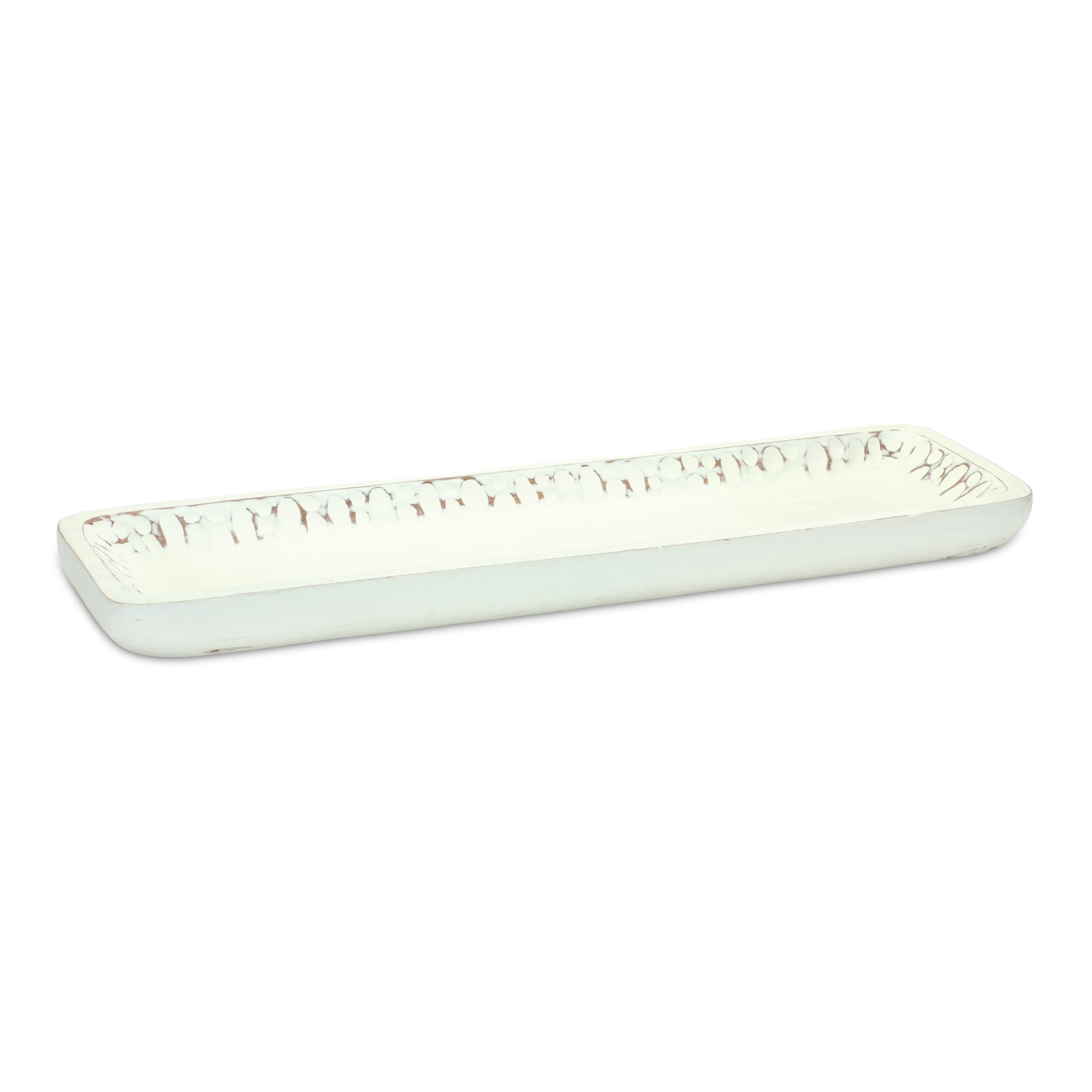 White Washed Mango Wood Dough Bowl Tray, Set of 2 - Decorative Trays