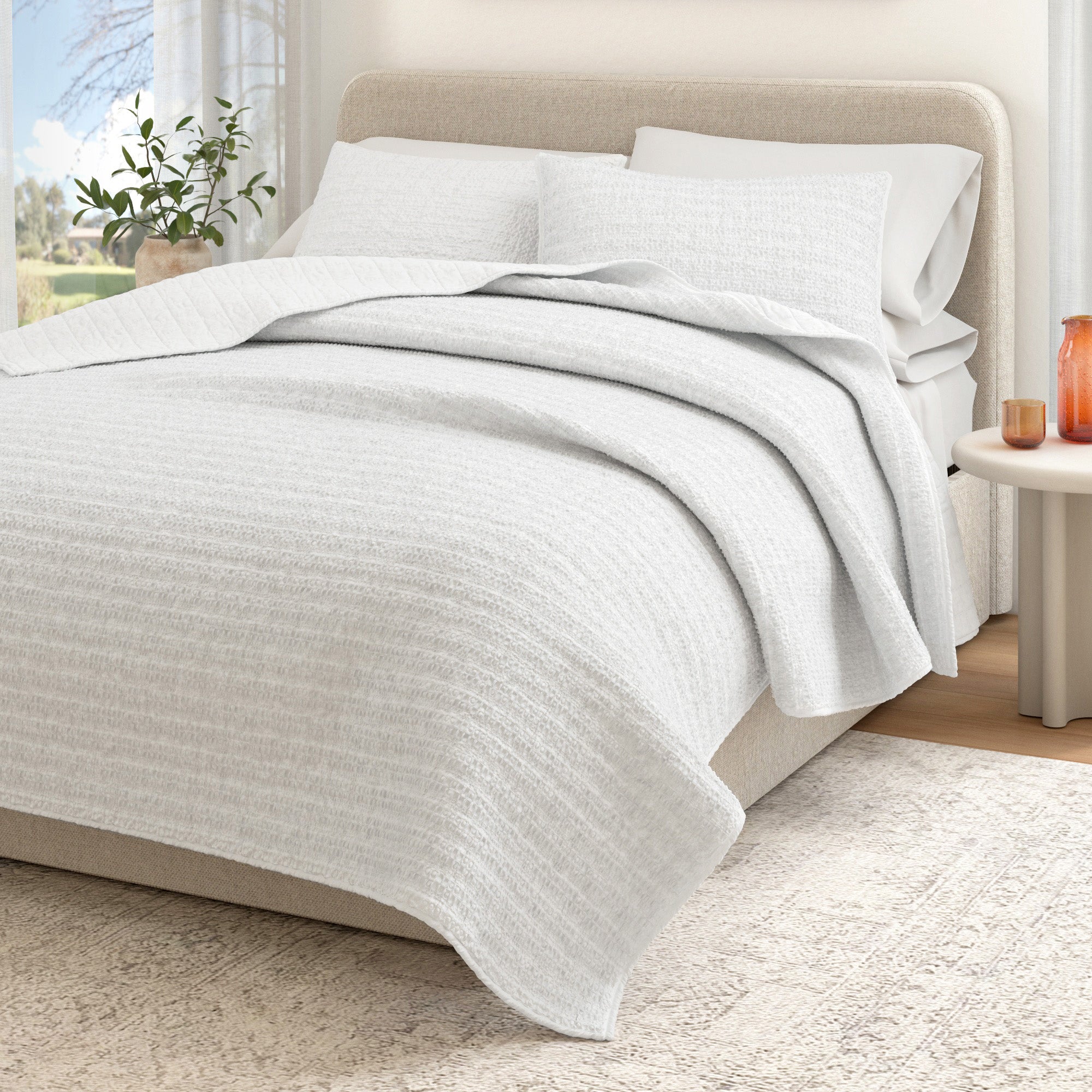 100% Cotton Garment Washed Honeycomb Waffle Quilt and Sham Set