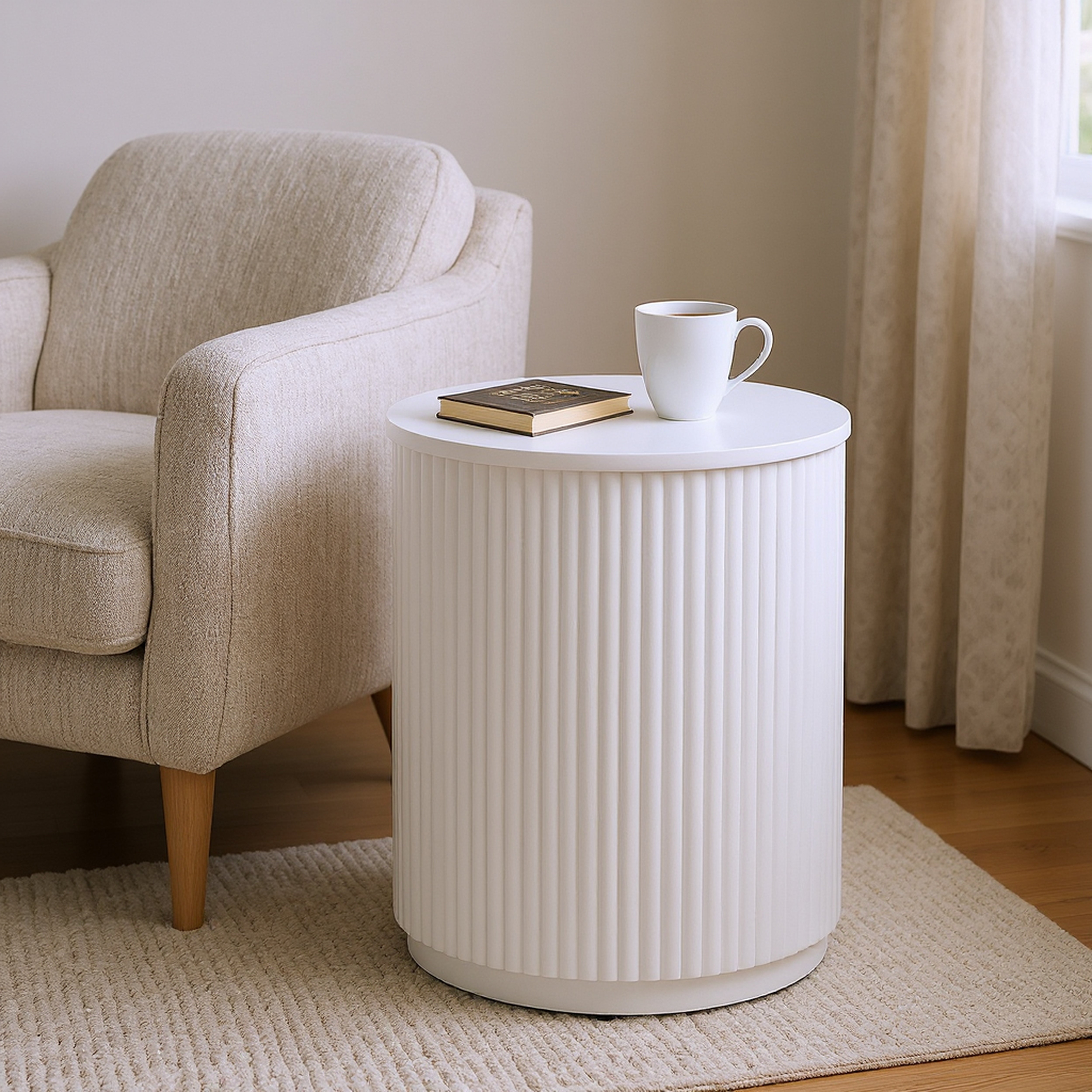 Round White Solid Wood Accent End Table