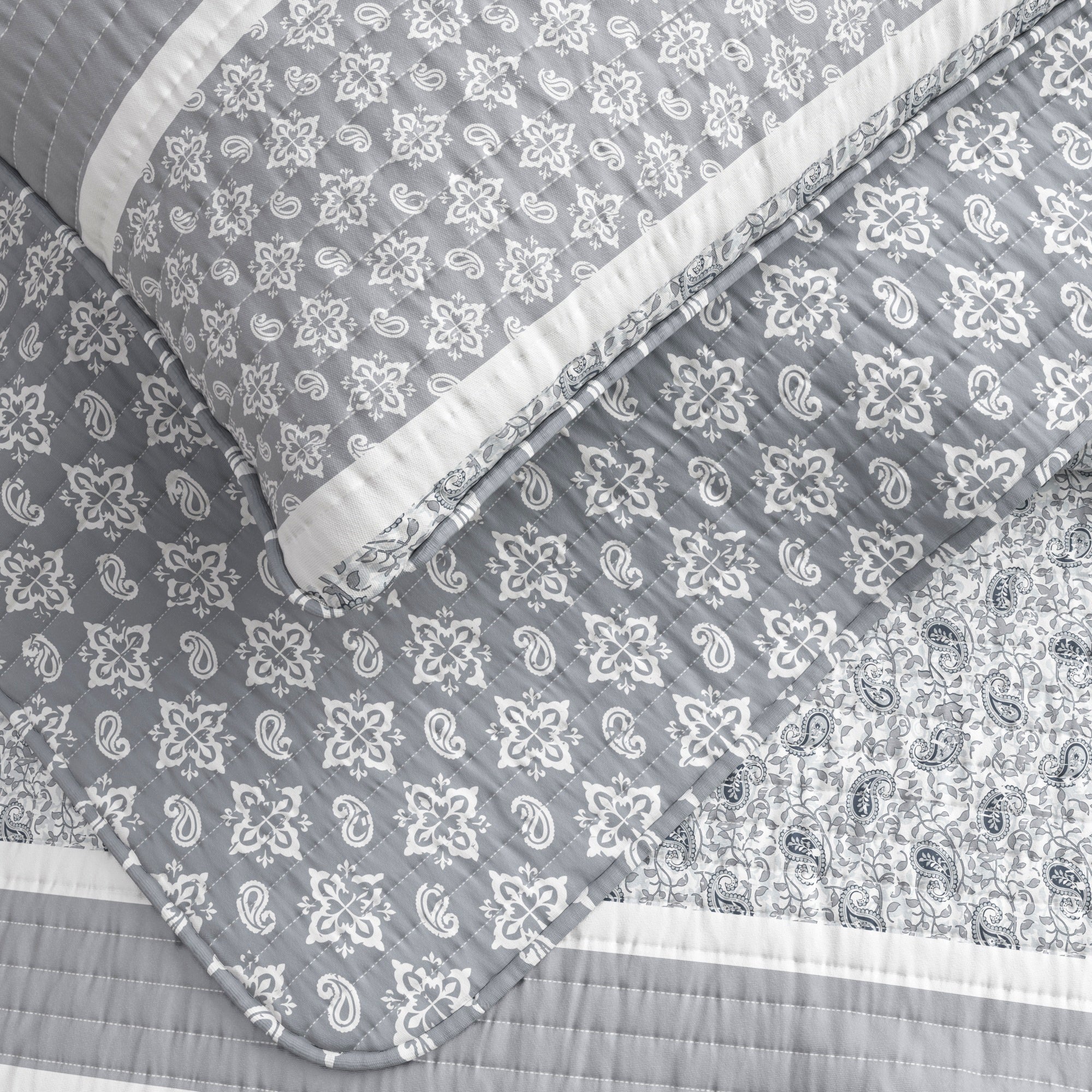 Paisley Patchwork Stripe Reversible Quilt Set with Shams