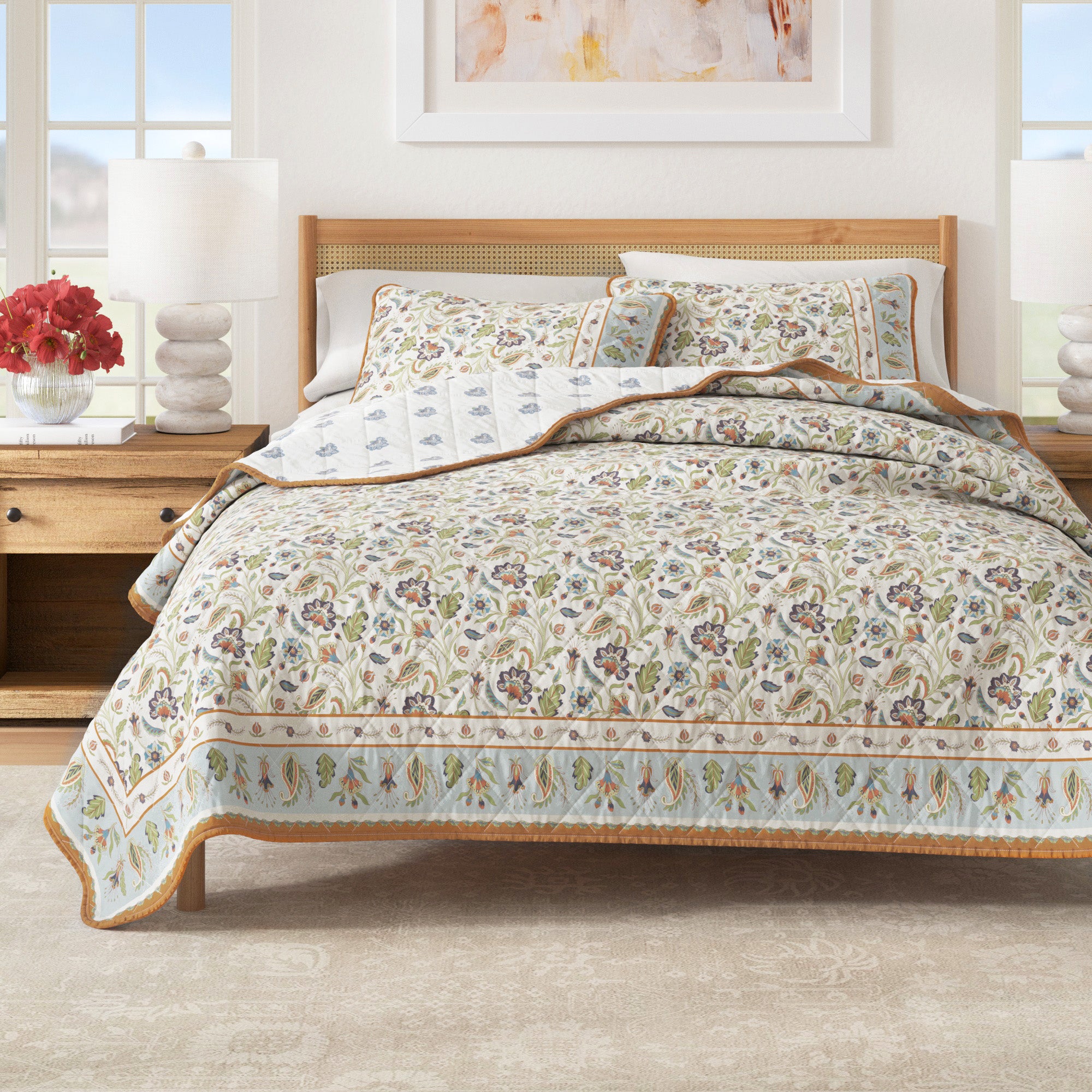 Floral Bordered Cotton Quilt Set