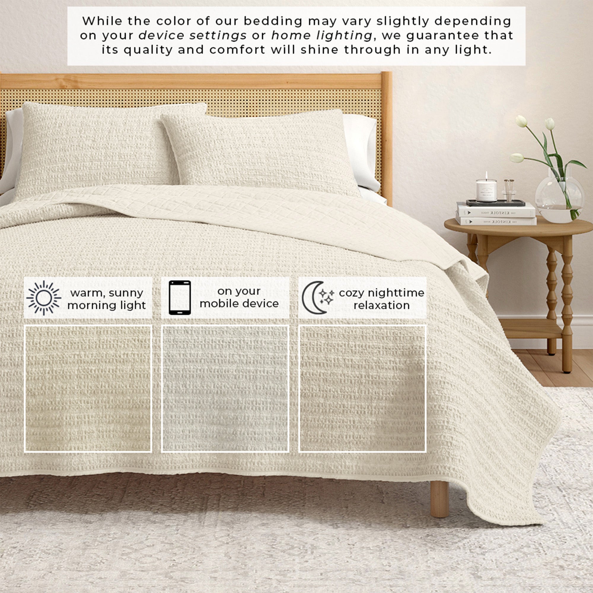 100% Cotton Garment Washed Honeycomb Waffle Quilt and Sham Set