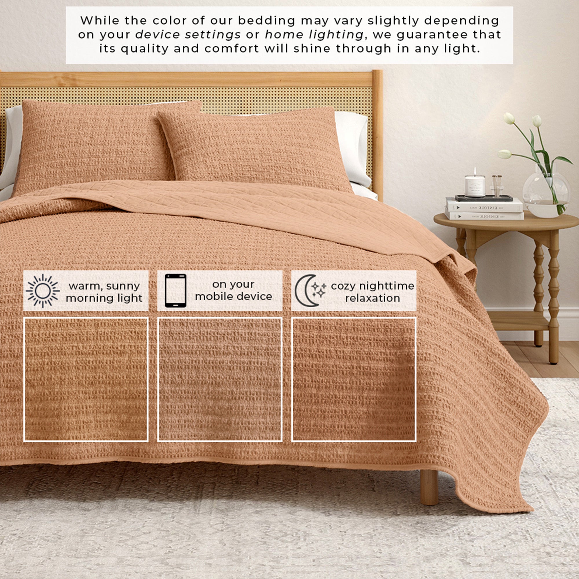 100% Cotton Garment Washed Honeycomb Waffle Quilt and Sham Set
