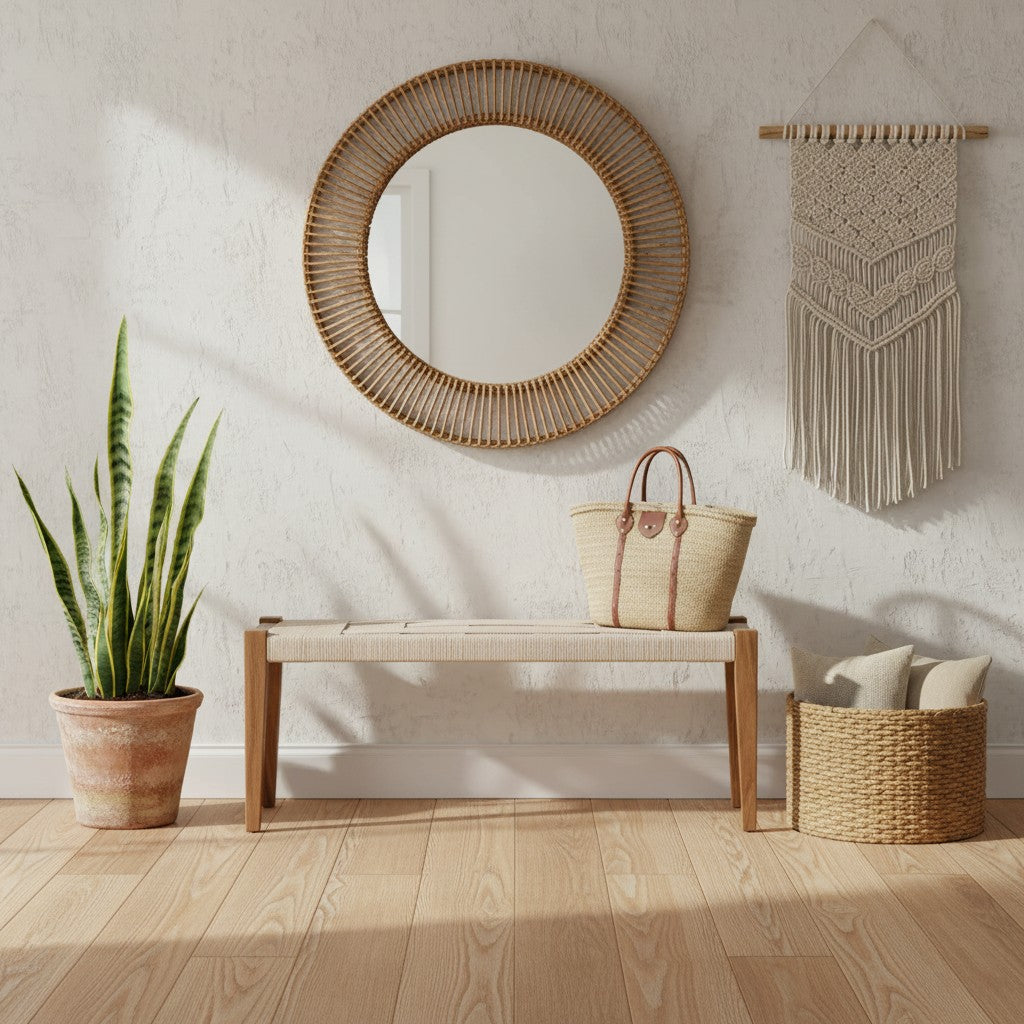 Beige Upholstered Accent Bench with Brown Solid Wood Frame