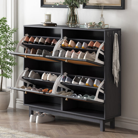 2-Tier Rattan Boho Style Free Standing Shoe Cabinet with 4 Flip Drawers, Black - Pier 1