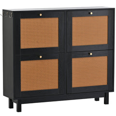 2-Tier Rattan Boho Style Free Standing Shoe Cabinet with 4 Flip Drawers, Black - Pier 1