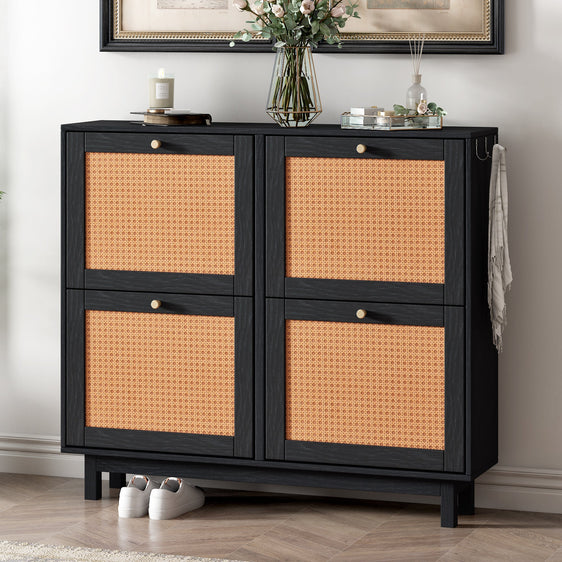 Rattan-Boho-Style-Black-2-Tier-Free-Standing-Shoe-Cabinet-with-4-Flip-Drawers-Storage-Cabinets