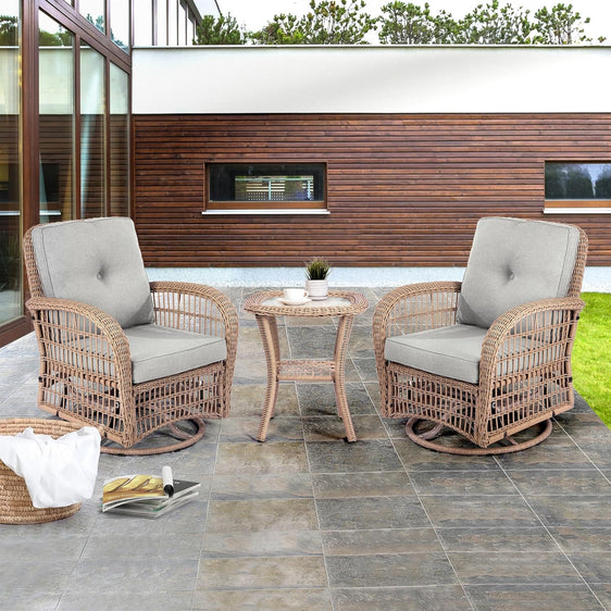 3 Piece Outdoor Wicker Bistro Swivel Rocking Chair Set - Outdoor Seating