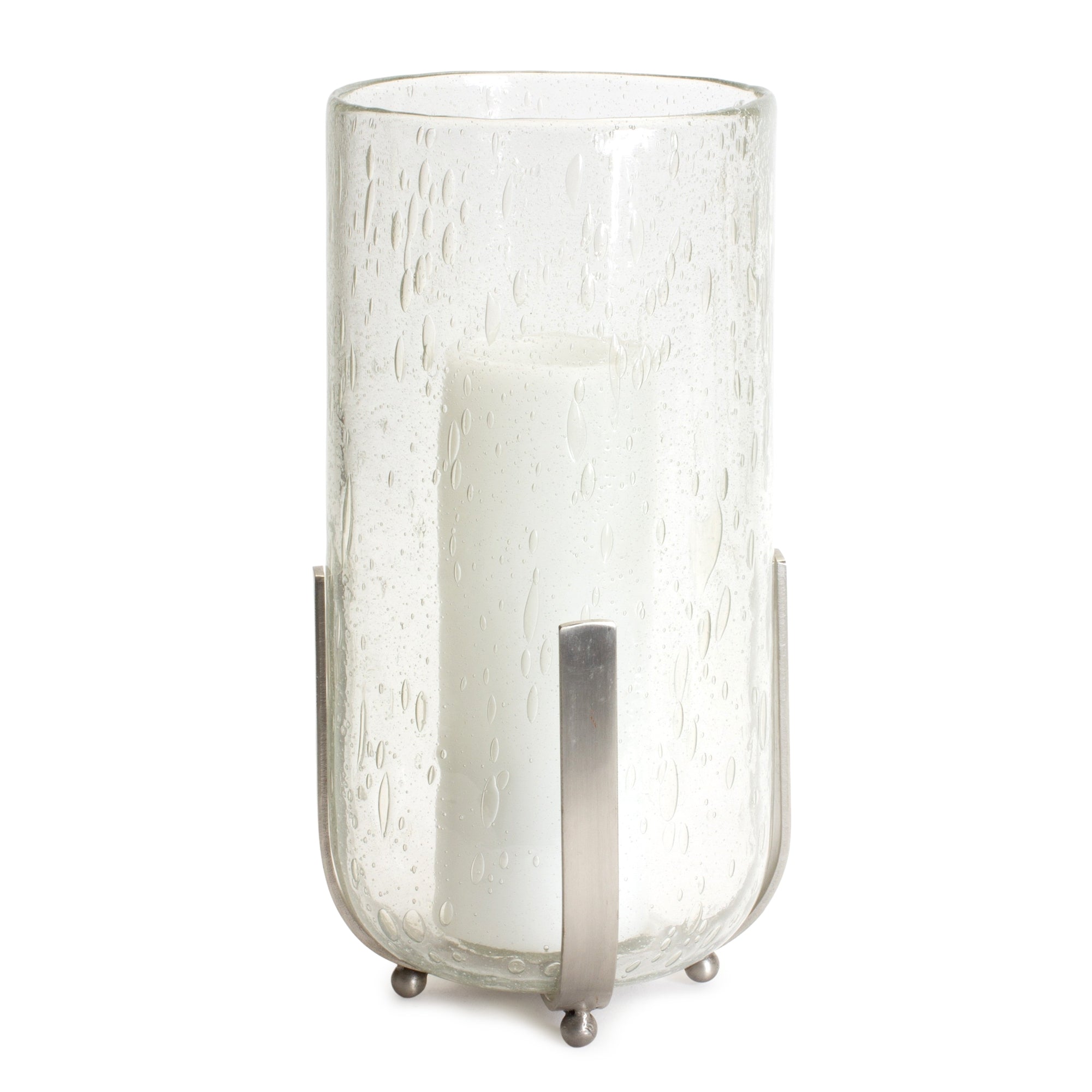 Bubbled Glass Vase Candle Hurricane with Metal Stand 12.5"