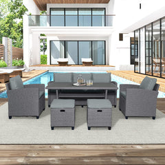 6 Piece Rattan Wicker Set Patio with Chairs, Stools and Table - Outdoor Seating